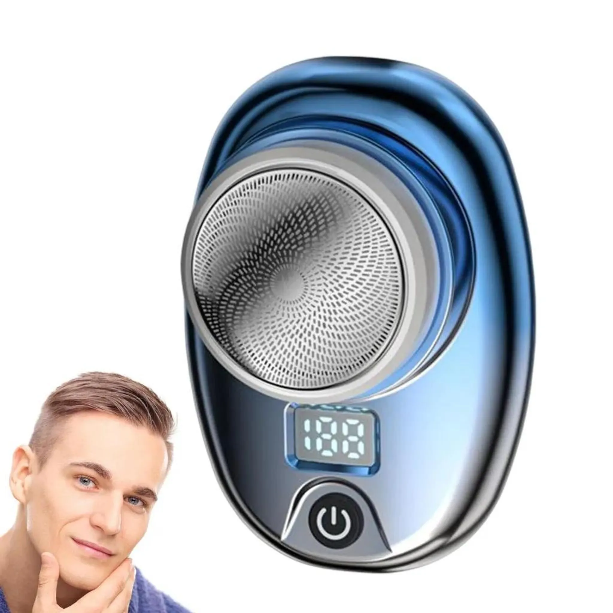 Ein Mann hält sein Kinn, neben einem blauen Elektrorasierer. Der Rasierer hat einen Bildschirm und eine Ein/Aus-Taste.