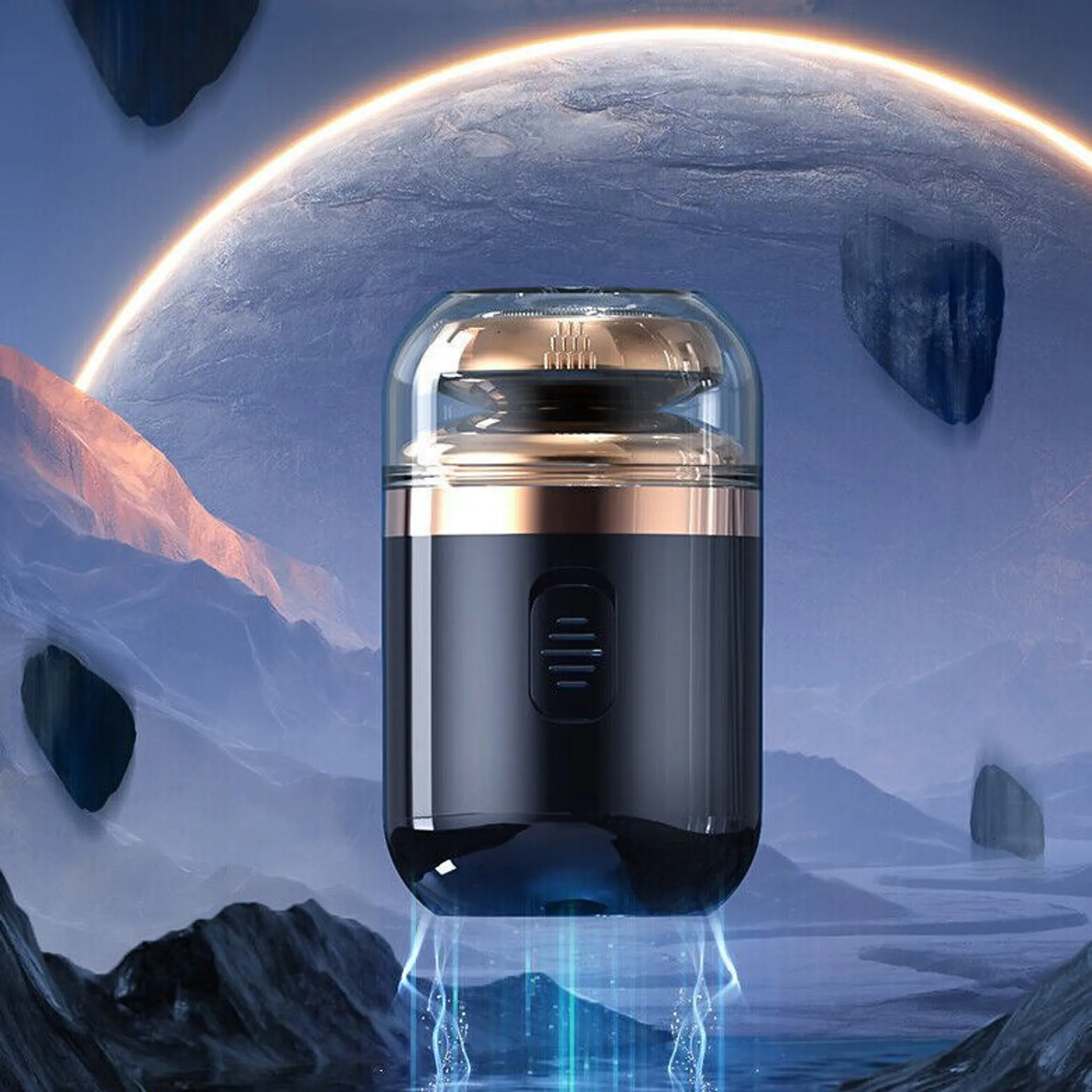 Ein futuristischer Rasierer auf einem Weltraumhintergrund mit schwebenden Felsen und einem Planeten. Der Rasierer ist schwarz und gold.