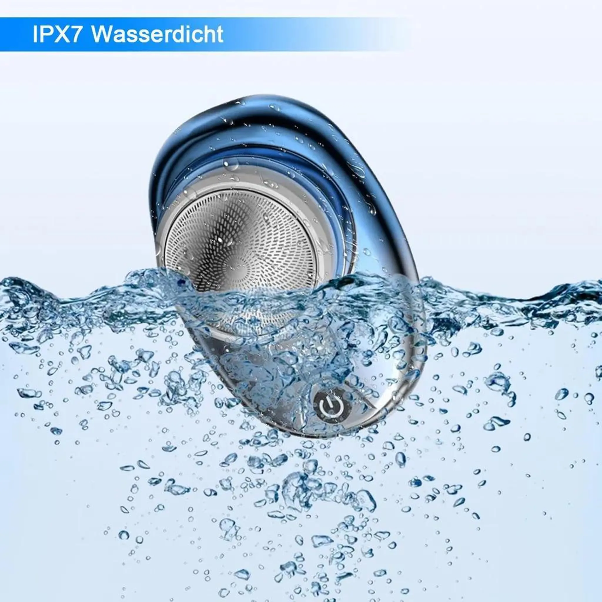 Ein blauer und silberner Rasierer, der in Wasser mit Blasen untergetaucht ist. Der Text 'IPX7 Wasserdicht' ist sichtbar.