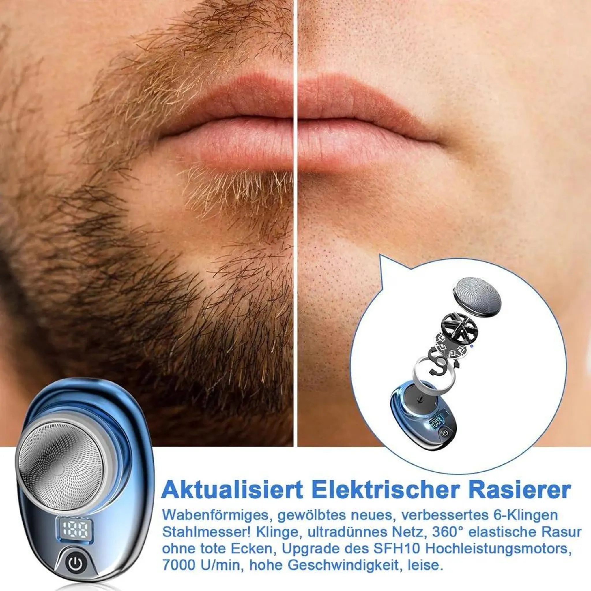 Das Bild zeigt das Gesicht eines Mannes vor und nach der Rasur. Ein blauer Elektrorasierer ist in der Ecke mit seinen Teilen abgebildet.