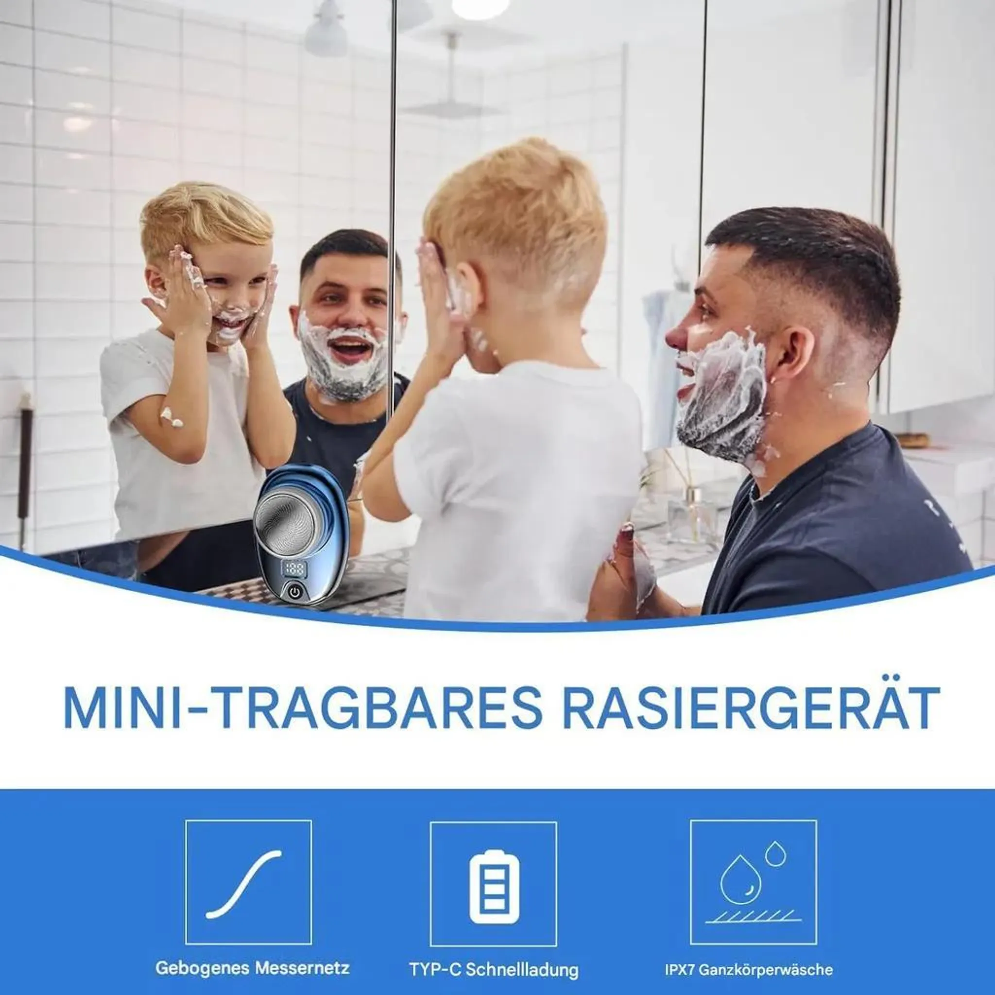 Eine Familie rasiert sich im Badezimmer mit Rasierschaum. Ein blauer Rasierer ist sichtbar. Text: Mini-Tragbarer Rasierer.