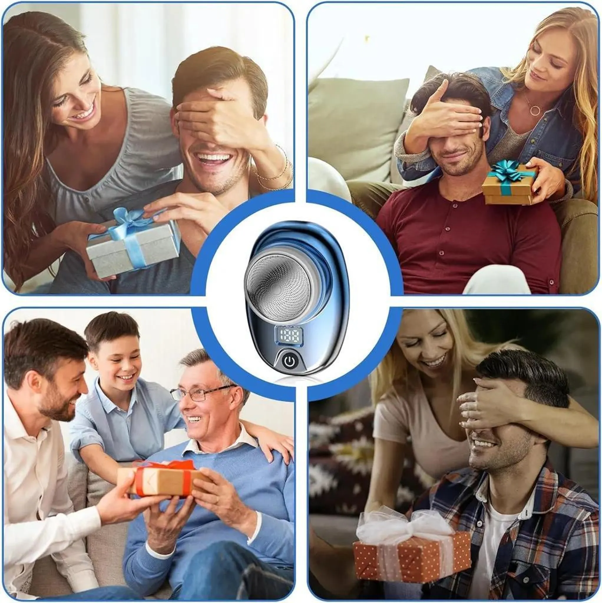 Das Bild zeigt vier Szenen des Schenkens. Menschen verdecken anderen die Augen, bevor sie Geschenke überreichen. In der Mitte befindet sich ein blauer Rasierer.
