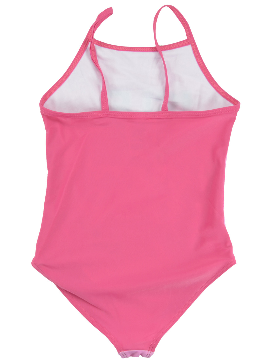 Ein rosa Badeanzug mit Neckholder-Trägern, von hinten gesehen. Der Anzug ist einfarbig rosa, mit weißem Futter oben sichtbar.