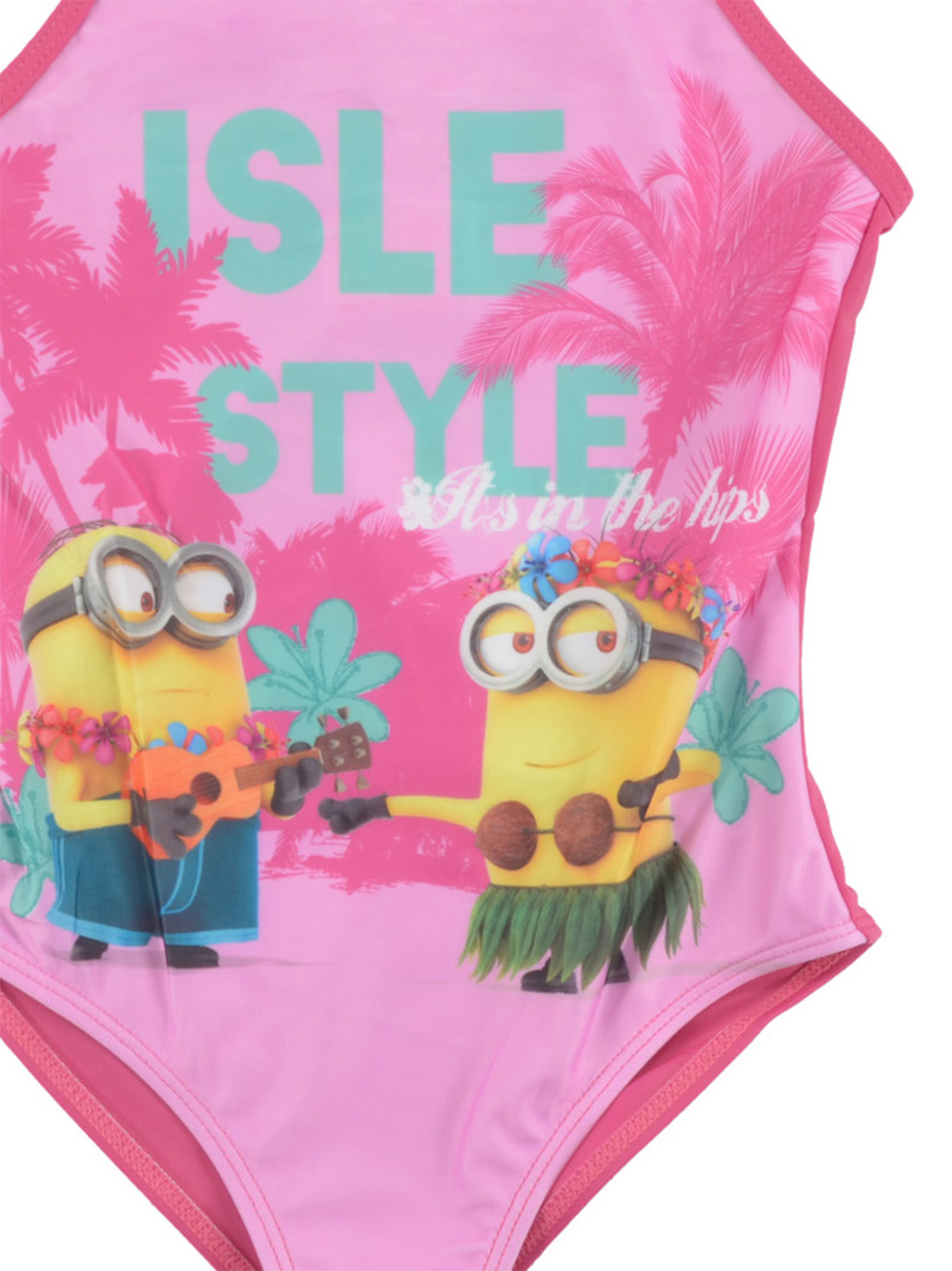 Rosa Badeanzug mit Minions. Einer spielt Ukulele, der andere trägt einen Grasrock. Palmen und 'Isle Style' Text sind sichtbar.