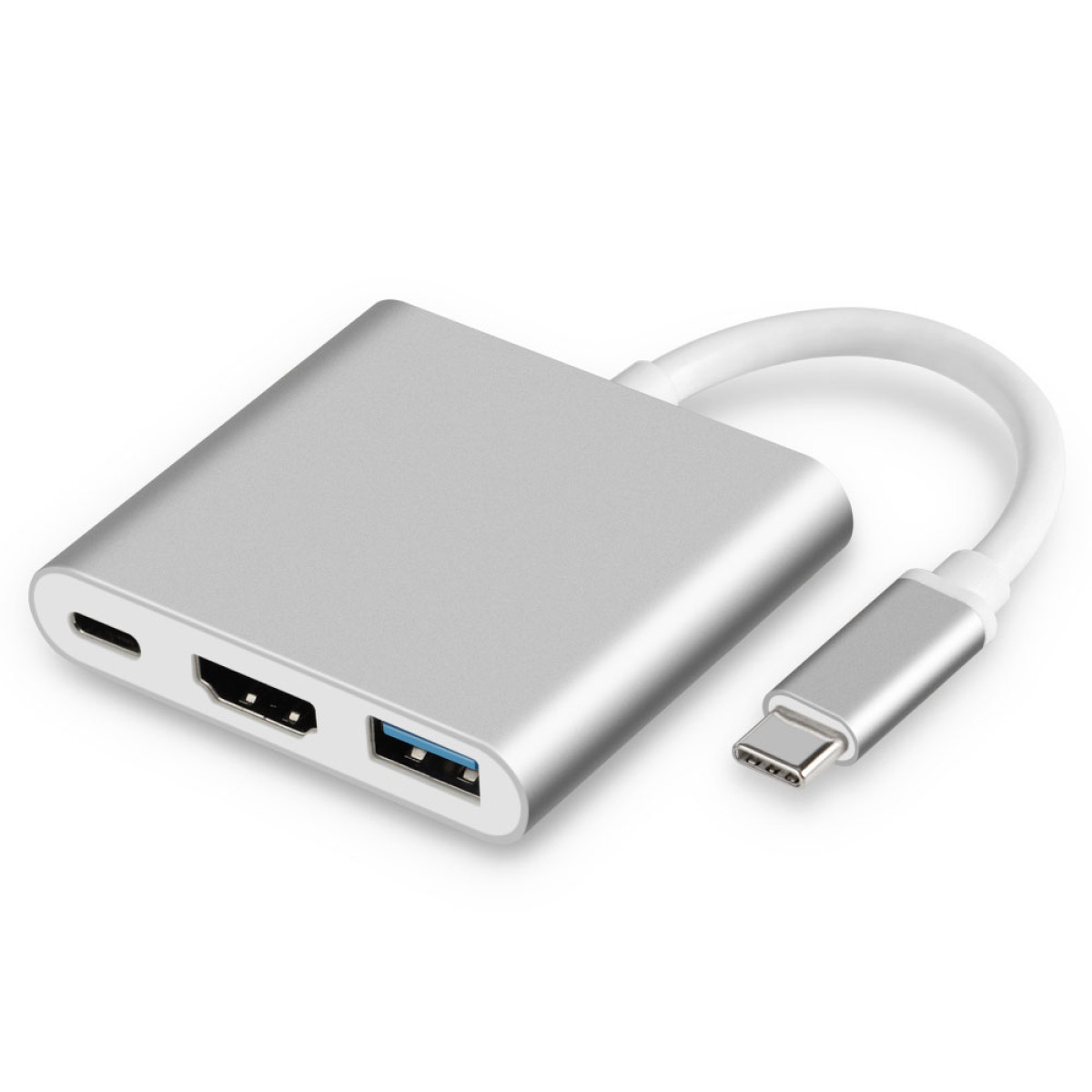 Silberner USB-C-Hub mit HDMI-, USB- und USB-C-Anschlüssen. Er hat ein weißes Kabel und einen Stecker.