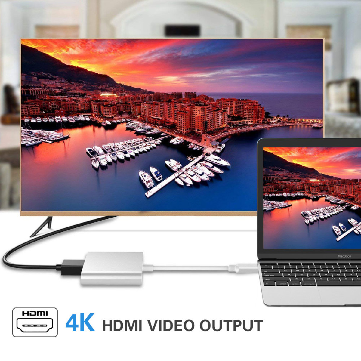Ein Laptop, der über einen HDMI-Adapter mit einem Fernseher verbunden ist. Der Fernseher zeigt eine Hafenszene bei Sonnenuntergang. 4K HDMI-Videoausgang wird angezeigt.