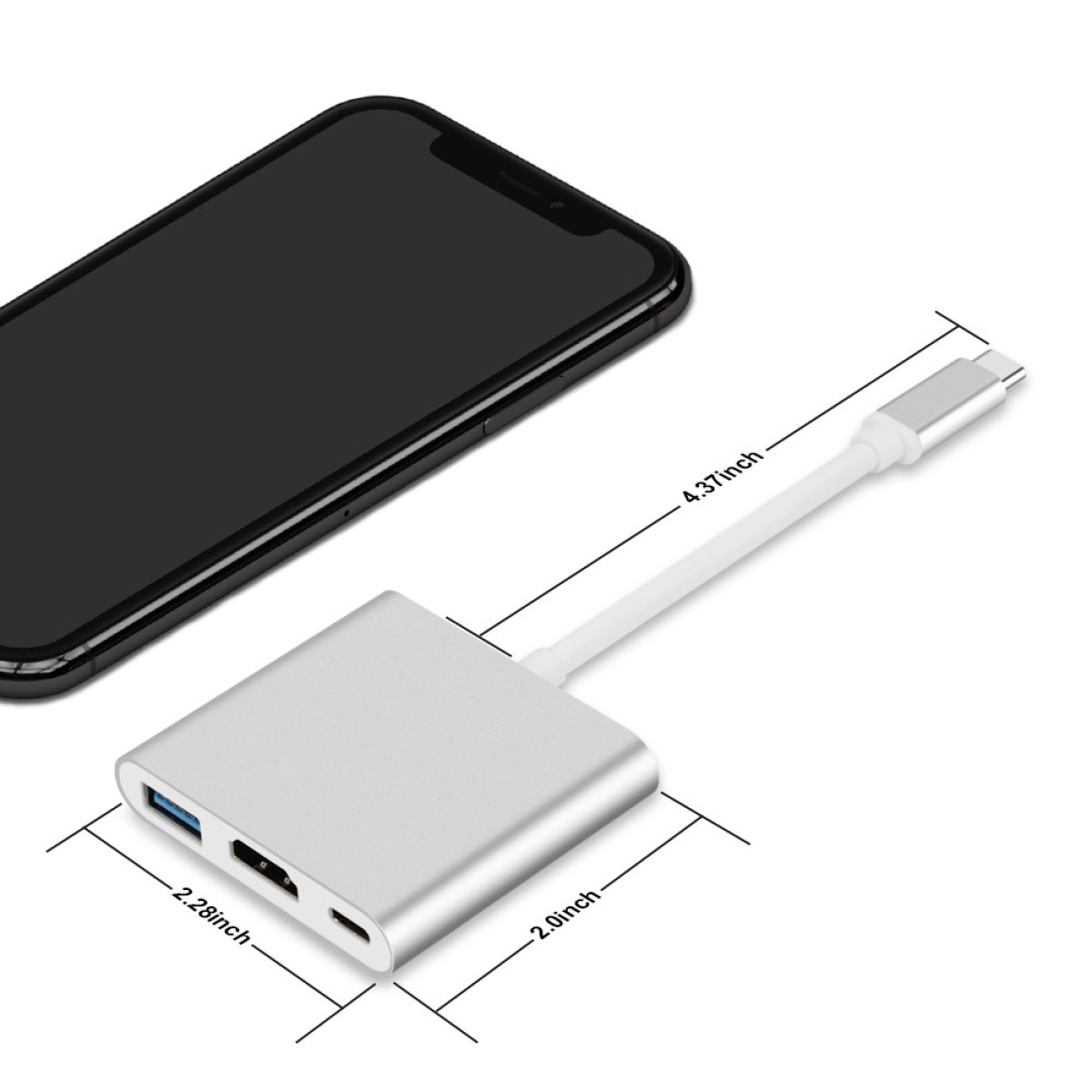 Silberner Adapter mit Telefon, verbunden durch ein weißes Kabel. Abmessungen sind beschriftet: 2,28 Zoll, 2,0 Zoll und 4,37 Zoll.