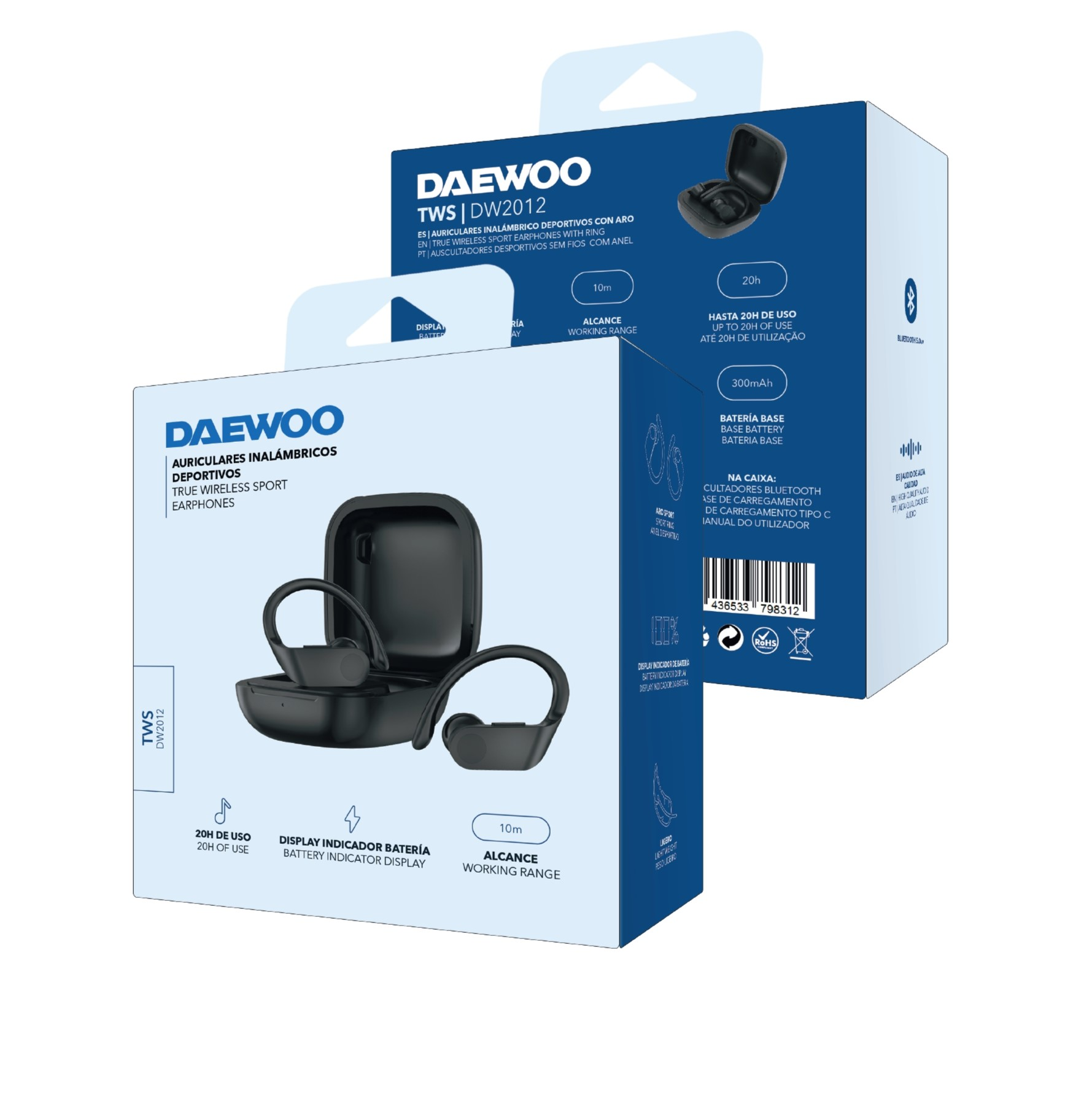 Auricolari Daewoo TWS DW2012 neri su una scatola blu e bianca. Dettagli: durata della batteria, portata e funzioni.