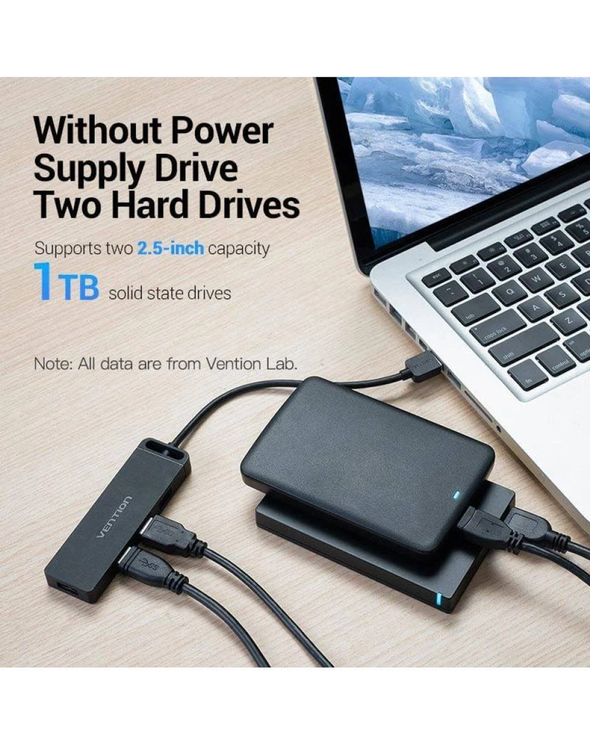 Discos duros externos negros conectados a una computadora portátil mediante cables USB. Superposición de texto: 'Without Power Supply Drive Two Hard Drives'.