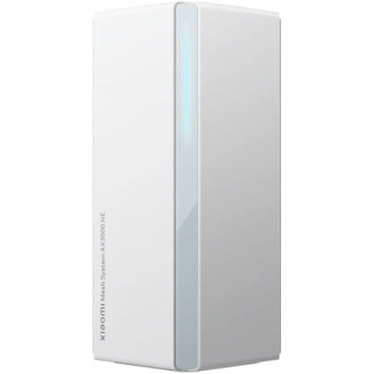 Un enrutador blanco Xiaomi Mesh System AX3000 NE. Tiene un diseño vertical con una franja azul claro en el lateral. La marca es visible.