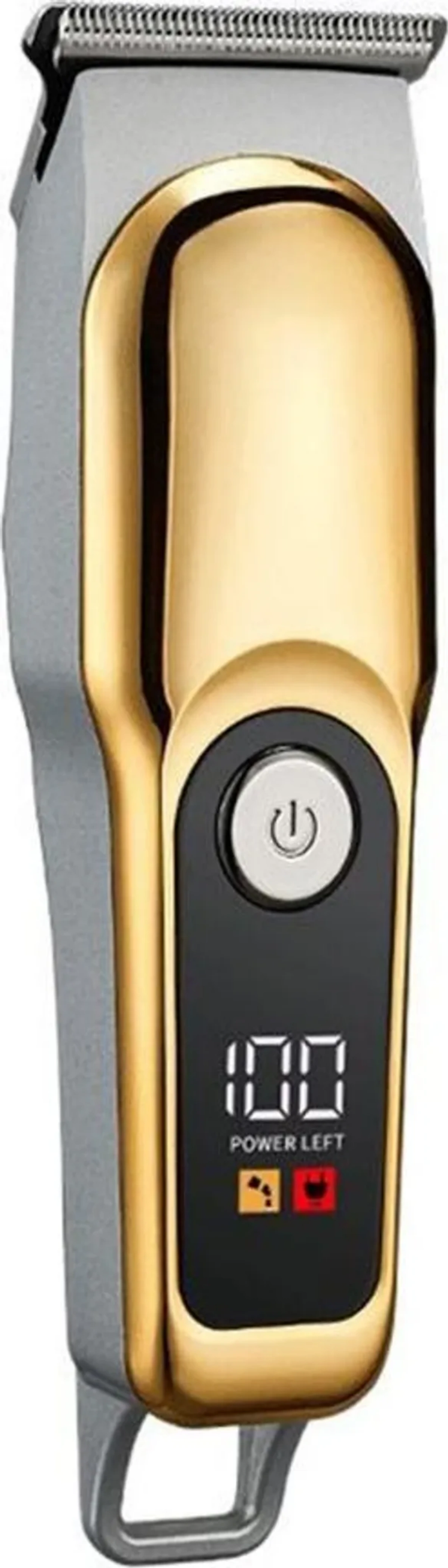 Ein gold-silberner elektrischer Haarschneider. Er hat eine Digitalanzeige und einen Ein-/Ausschalter.