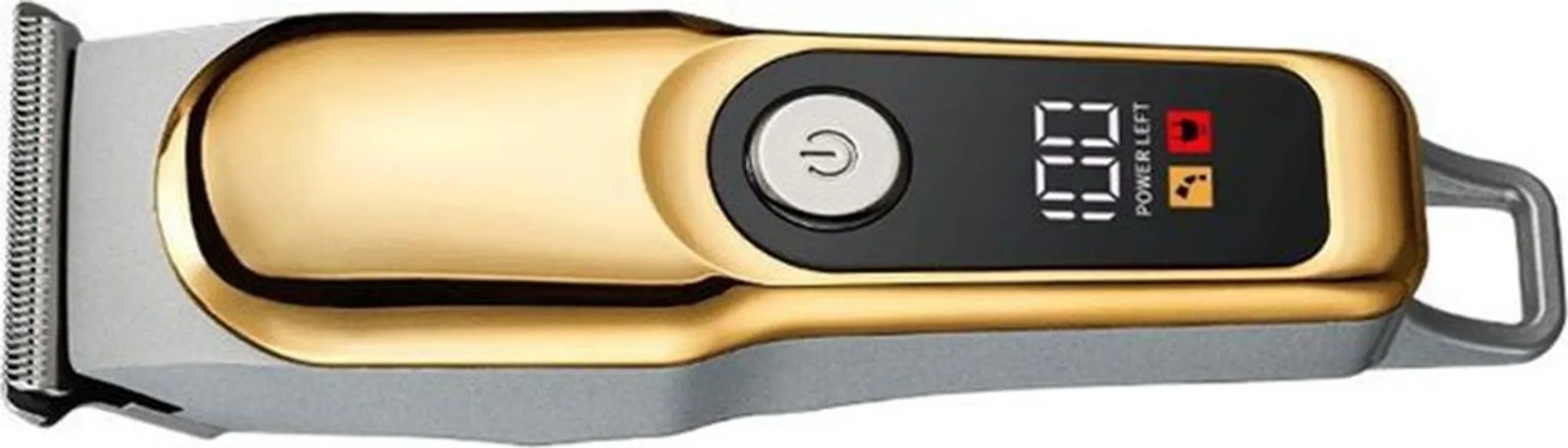 Ein gold-grauer elektrischer Haarschneider. Er verfügt über ein Digitaldisplay und eine Ein-/Aus-Taste.