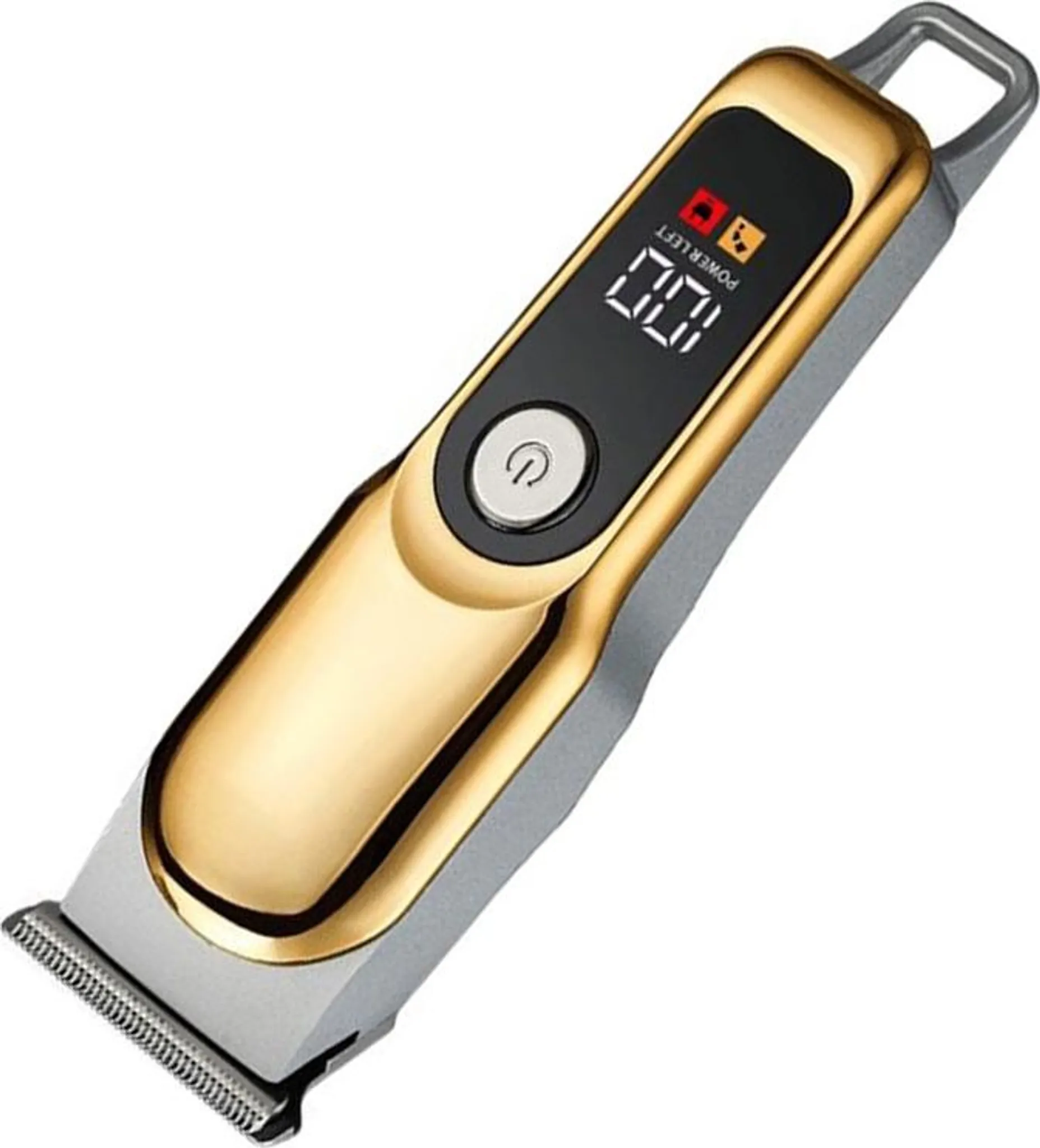 Ein gold-grauer elektrischer Haarschneider. Er hat ein digitales Display mit '100' und Energie-/Ladesymbolen.