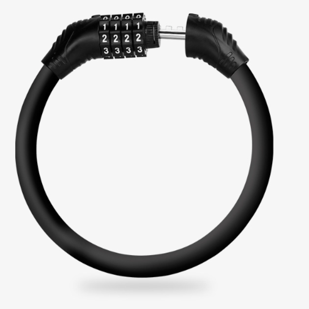 Czarna blokada rowerowa w otwartym okrągłym kształcie. Zamek posiada pokrętło kombinacyjne z numerami. Tło jest białe.