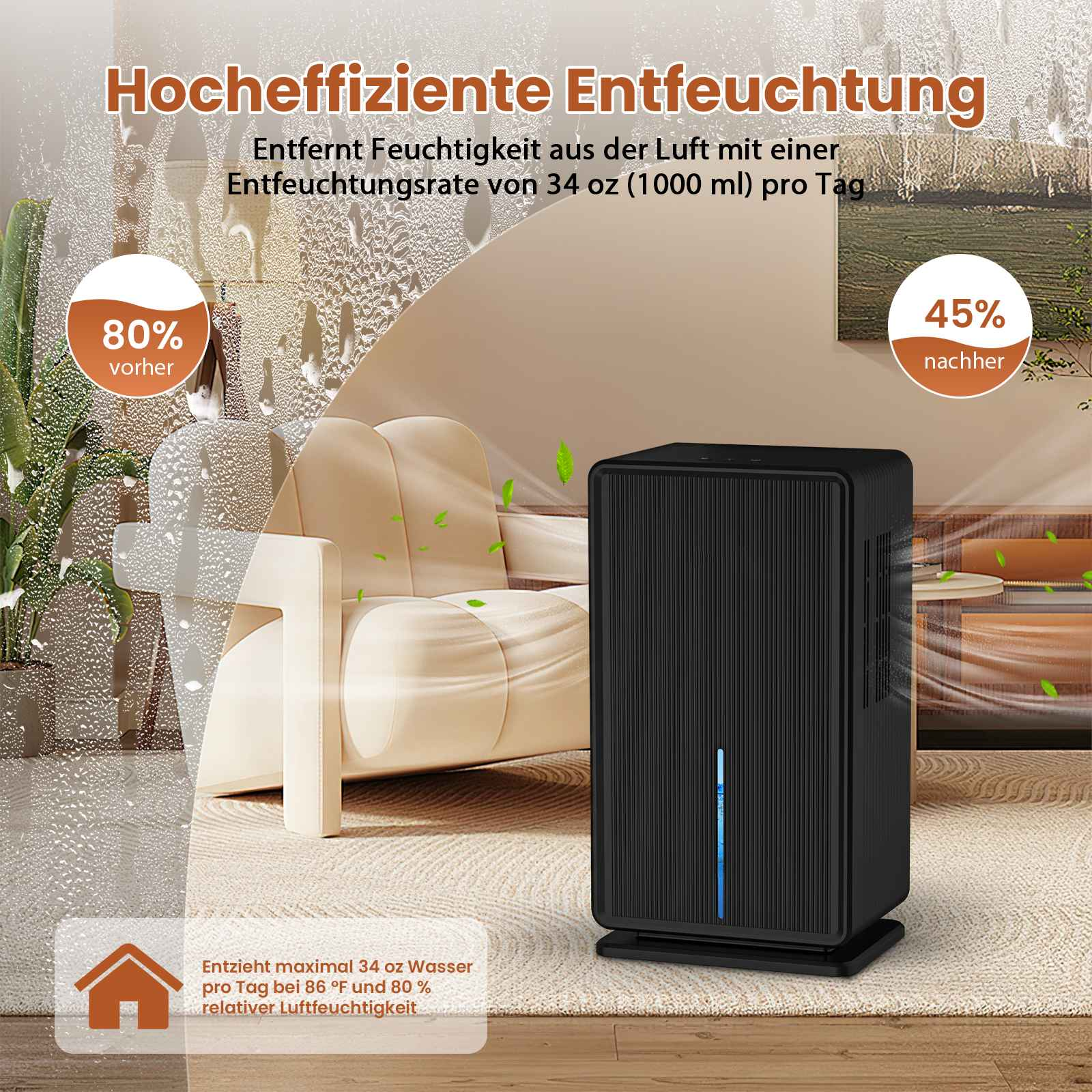 Schwarzer Luftentfeuchter mit blauem Licht. Text zeigt die Luftfeuchtigkeit vor und nach dem Gebrauch.