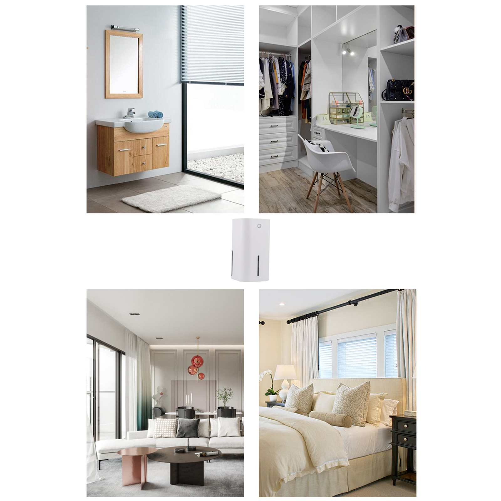 Eine Collage mit einem Badezimmer, einem Schrank, einem weißen Luftreiniger, einem Wohnzimmer und einem Schlafzimmer mit Bett.