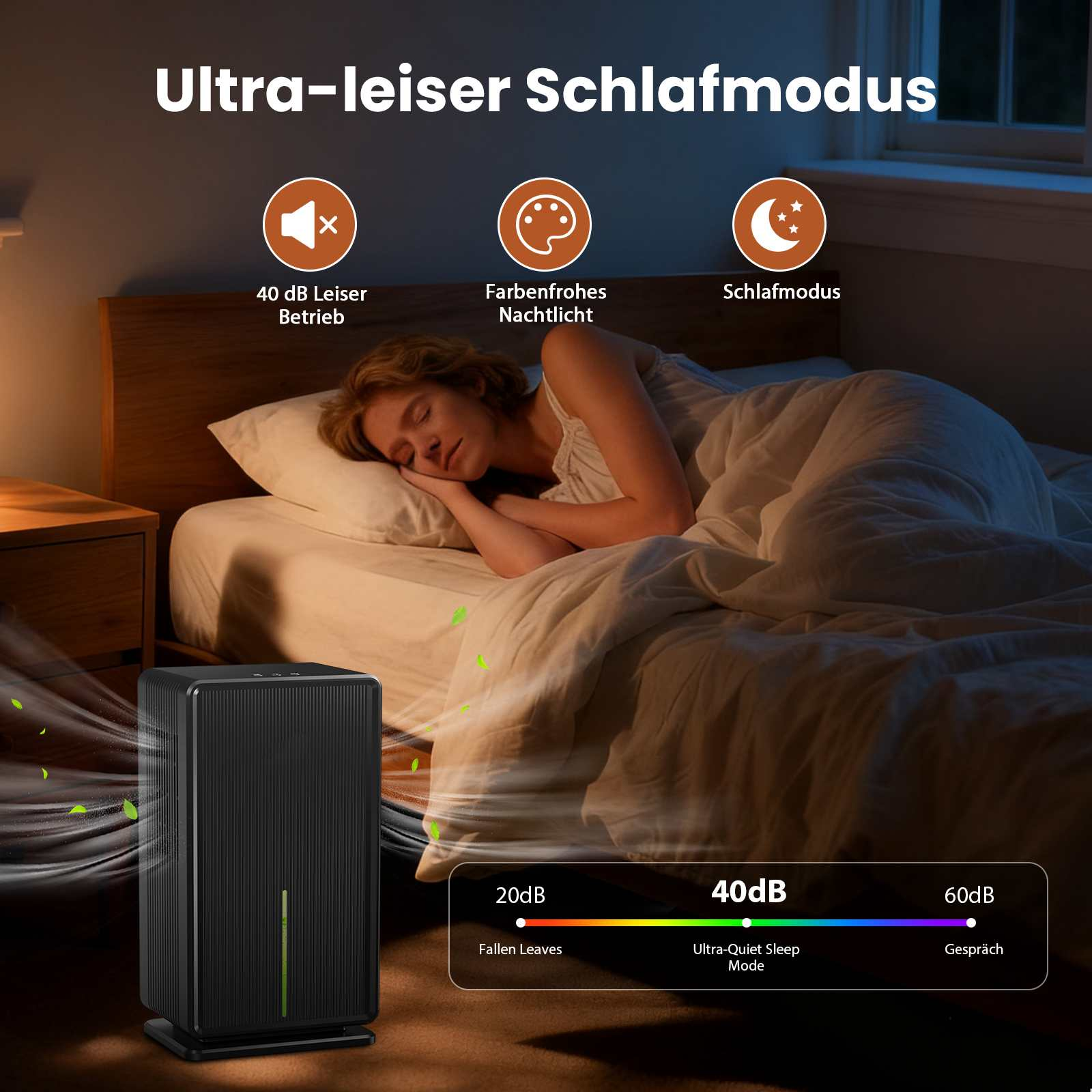 Eine Frau schläft im Bett. Links ist ein schwarzer Luftreiniger. Text: Ultra-Quiet Sleep Mode, 40dB.