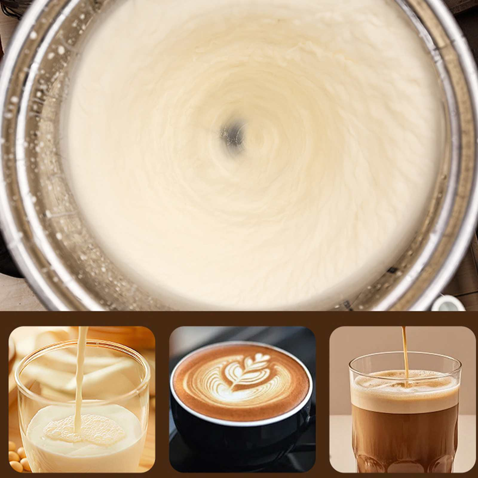Eine Aufschäummaschine mit cremiger Flüssigkeit. Unten Gläser mit Milch, Latte-Art und Kaffee mit Schaum.