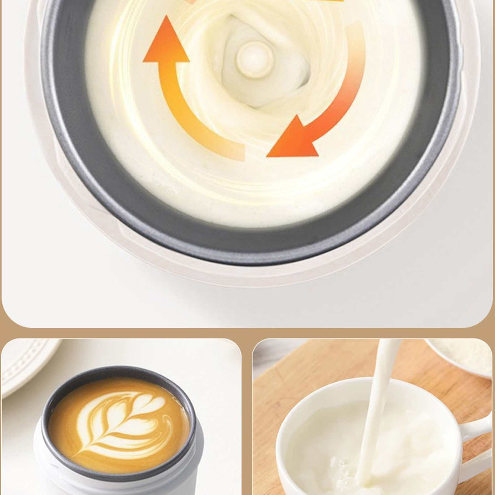 Das Bild zeigt eine Aufschäummaschine und zwei Kaffeetassen. Pfeile zeigen die Bewegung an. Milch wird in eine Tasse gegossen.
