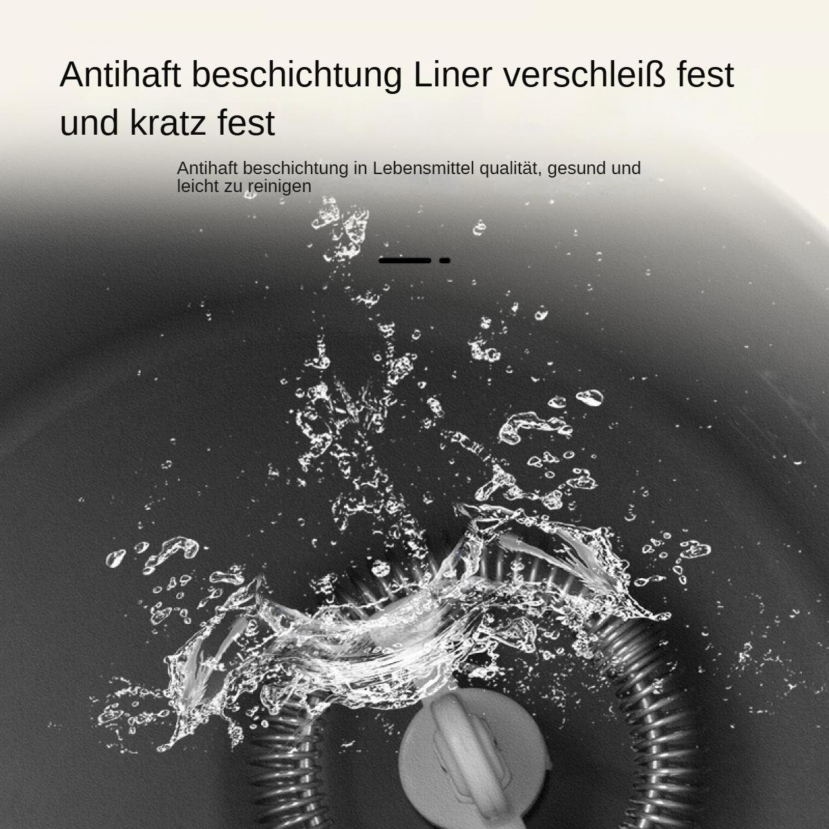 Wasser spritzt in einem Waschbecken. Ein Wasserhahn und sein gewellter Schlauch sind sichtbar. Text auf Deutsch oben.
