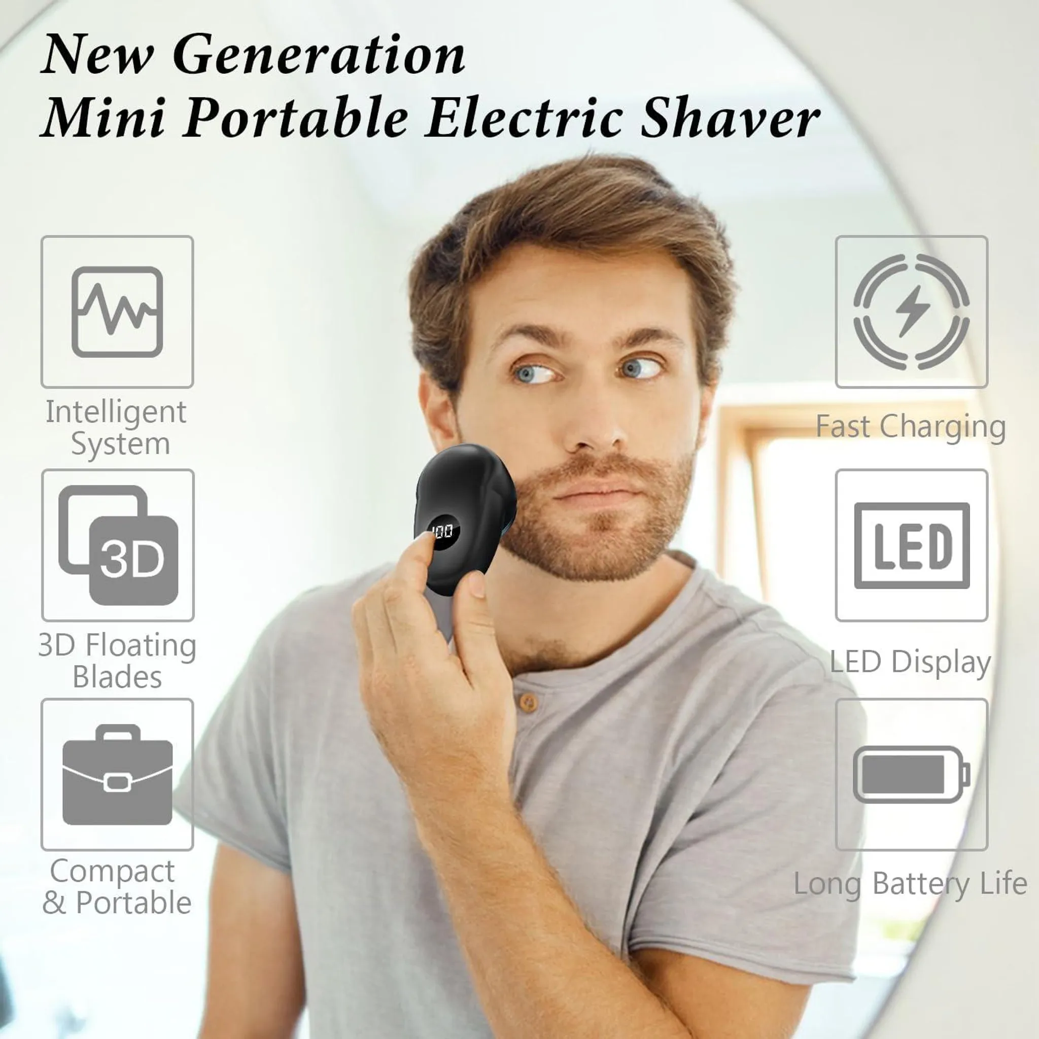 Ein Mann rasiert sich mit einem schwarzen Elektrorasierer. Das Bild wirbt für eine neue Generation tragbarer Elektrorasierer.