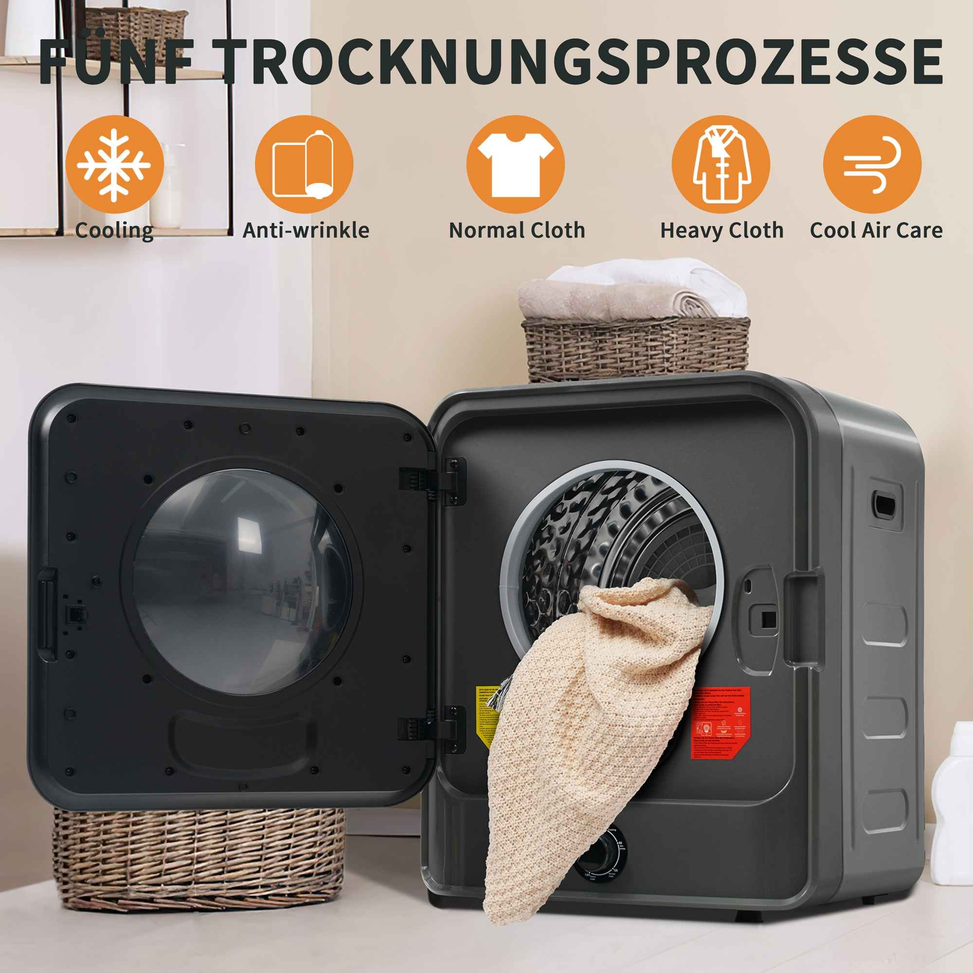 Ein Trockner mit offener Tür, einem beigefarbenen Pullover und Textlabels für Kühlung, Anti-Falten, normale Kleidung, schwere Kleidung und Kaltluftpflege.