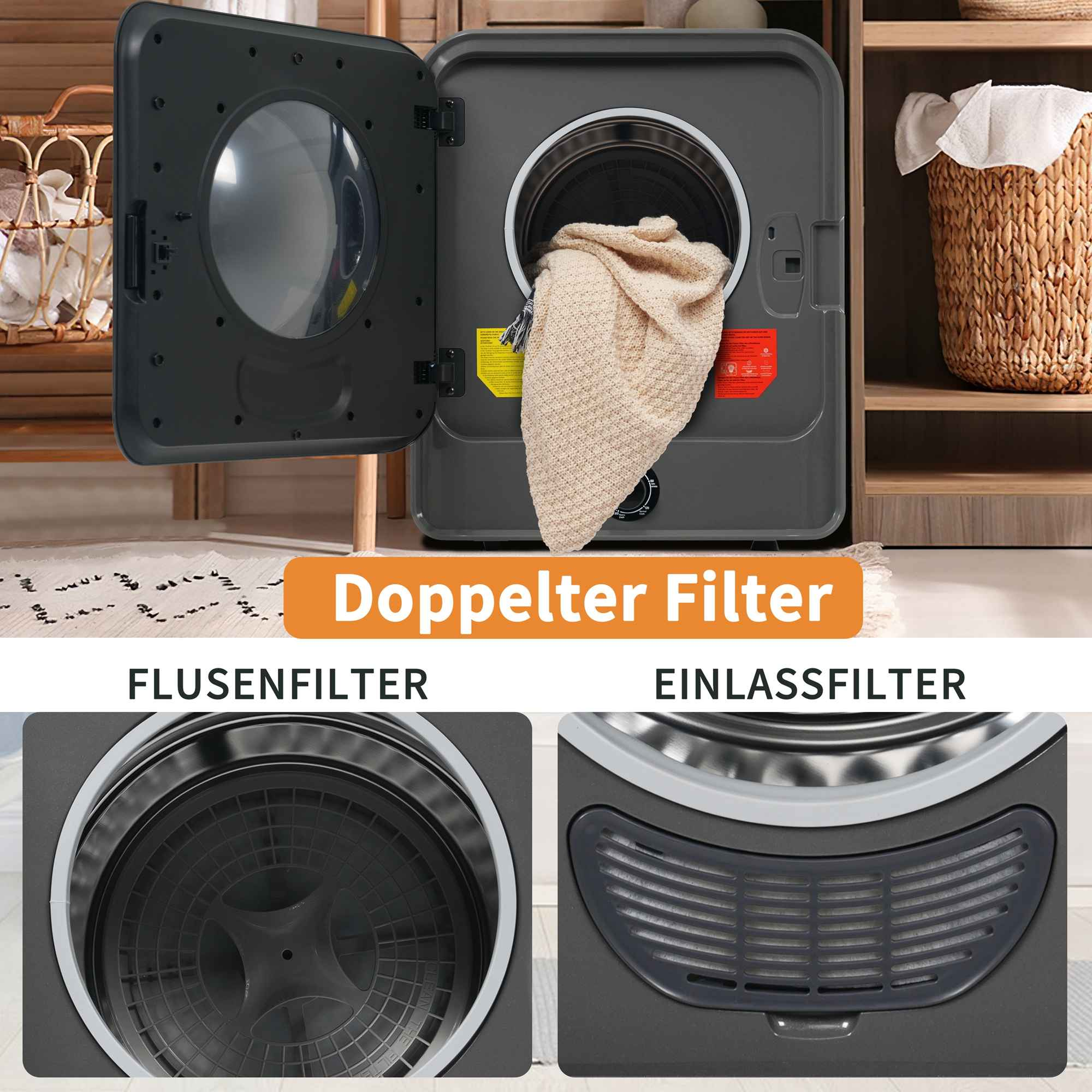Ein grauer Trockner mit offener Tür. Eine beige Decke im Inneren. Filter unten. Ein Korb mit Handtüchern im Hintergrund.