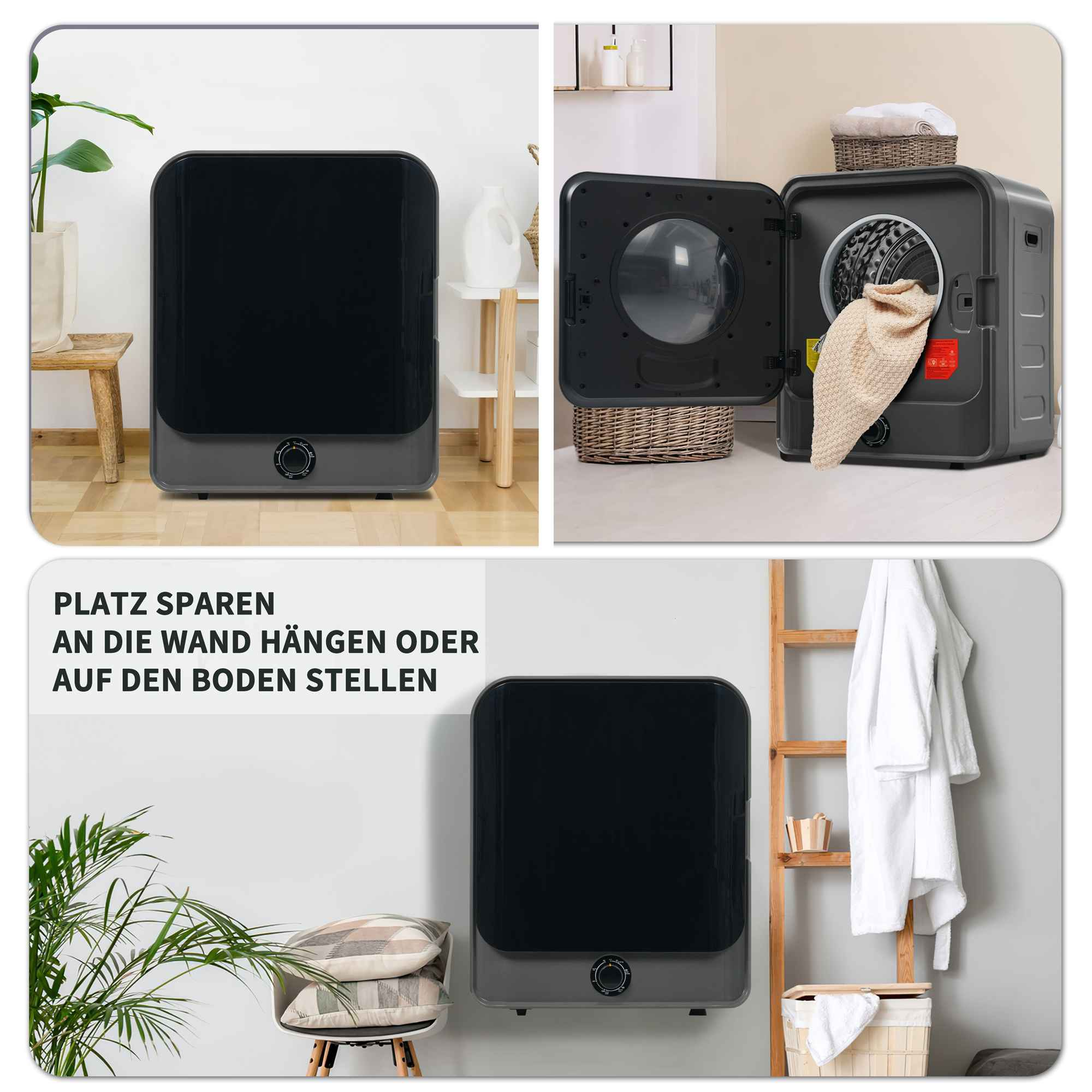 Ein quadratischer, schwarzer Trockner mit geöffneter Tür, der das Innere zeigt. Der Trockner befindet sich in verschiedenen Einstellungen.