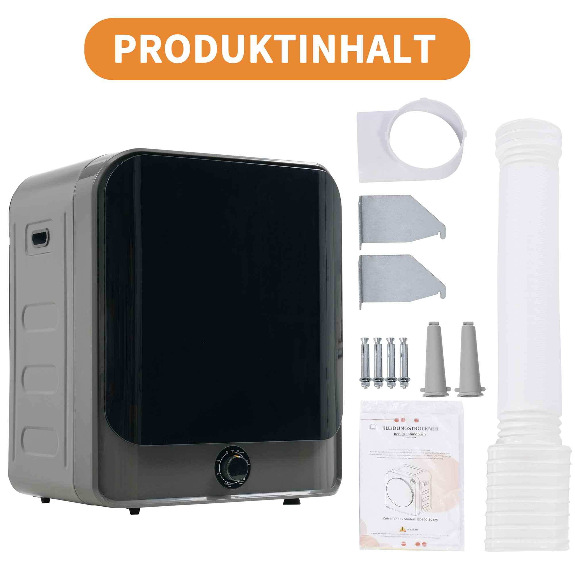 Ein grauer Wäschetrockner mit schwarzer Frontplatte. Zubehör sind ein Belüftungsschlauch, Halterungen, Schrauben und eine Anleitung.