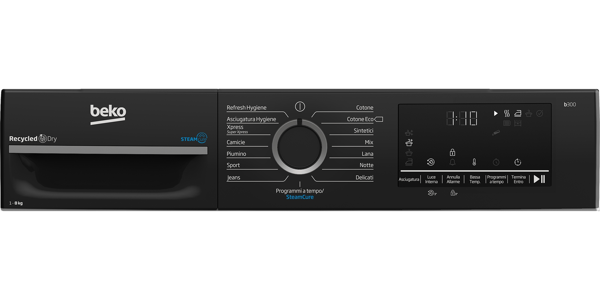 Un'asciugatrice Beko nera. Ha un pannello di controllo con più opzioni di programma. Il display mostra l'ora.