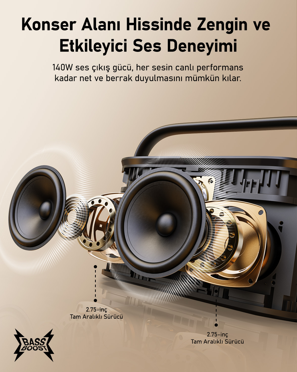 Siyah bir hoparlör, iç bileşenleri görünür durumda. Bir tutma kolu, iki belirgin hoparlör ve ses yeteneklerini açıklayan metin var.