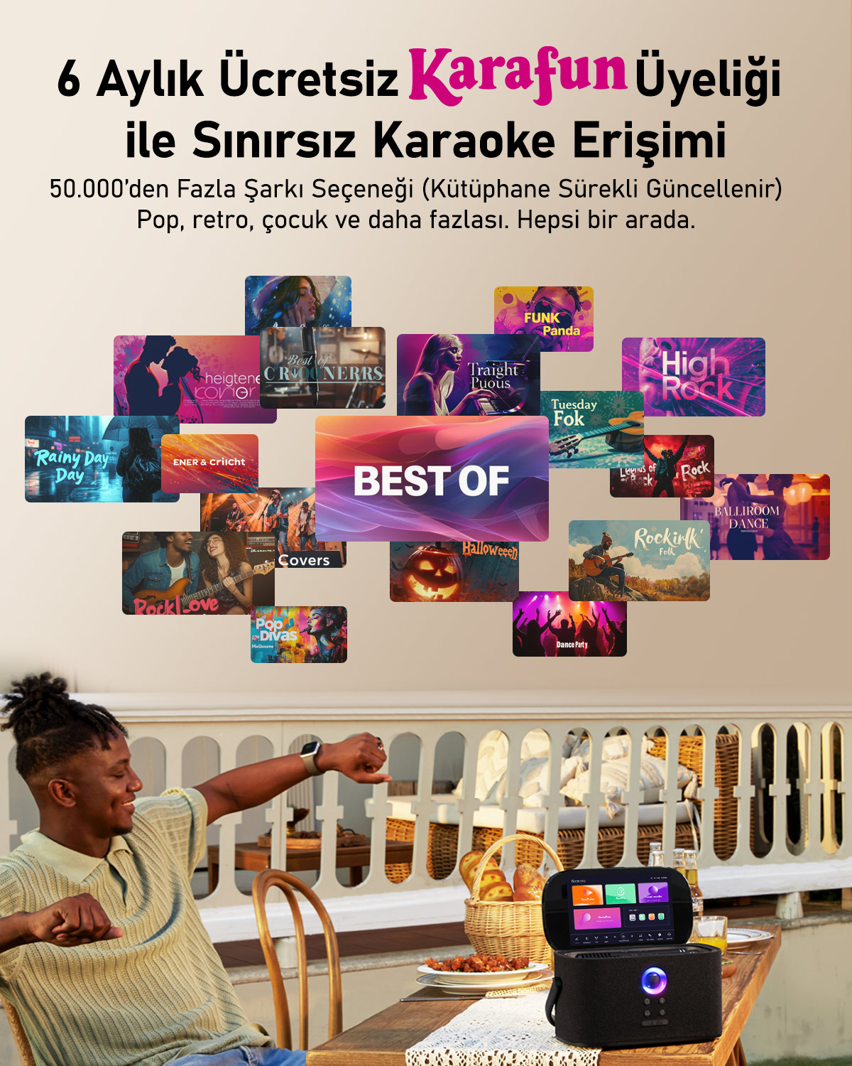 Adam, yiyecek ve karaoke makinesi olan bir masayı işaret ediyor. Karaoke uygulama simgeleri görünür. Başlık: Karafun, sınırsız karaoke erişimi.