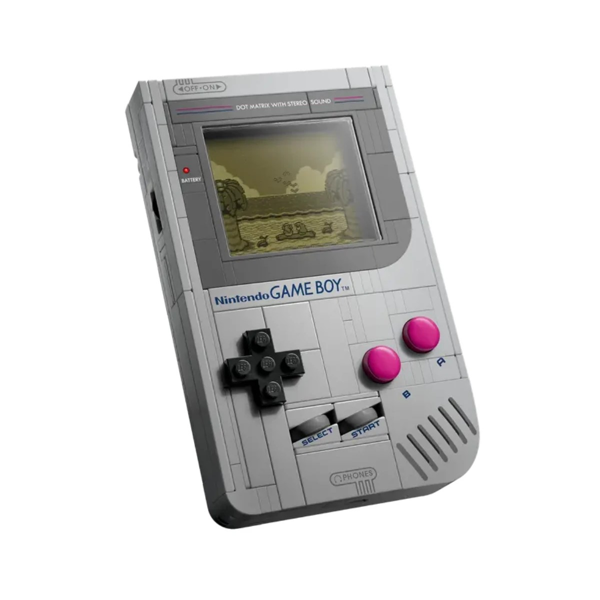 Pikselleşmiş bir sahne gösteren bir ekranı olan gri bir LEGO Game Boy. Düğmeleri, bir D-pad'i ve Nintendo Game Boy logosu var.