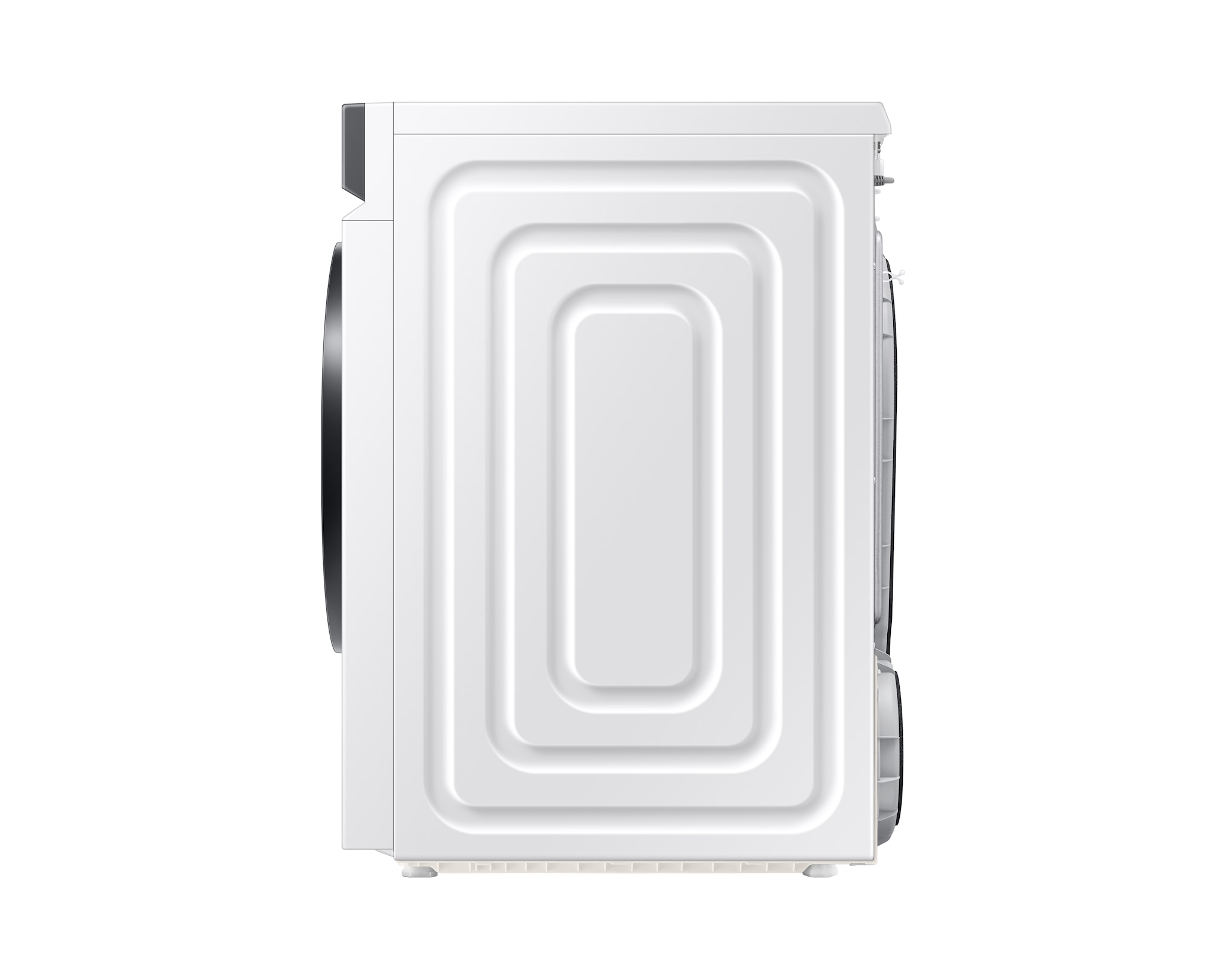 Zijaanzicht van een witte wasmachine. De machine heeft een zwarte deur en een getextureerd, rechthoekig achterpaneel.
