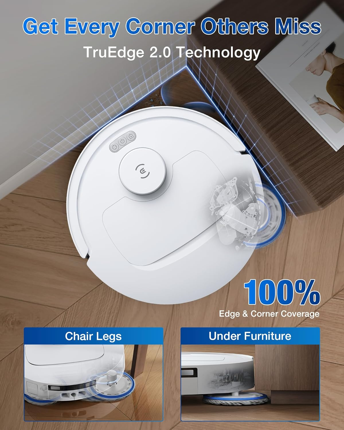 Een witte robotstofzuiger op een houten vloer. De afbeelding benadrukt de rand- en hoekreinigingsmogelijkheden.