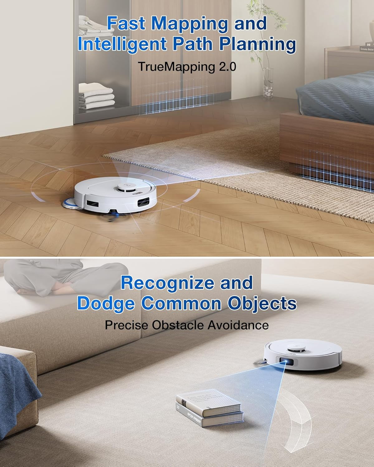 Een robotstofzuiger staat in een kamer met een bed, bank en boeken. De tekst luidt: Fast Mapping and Intelligent Path Planning, en Recognize and Dodge Objects.
