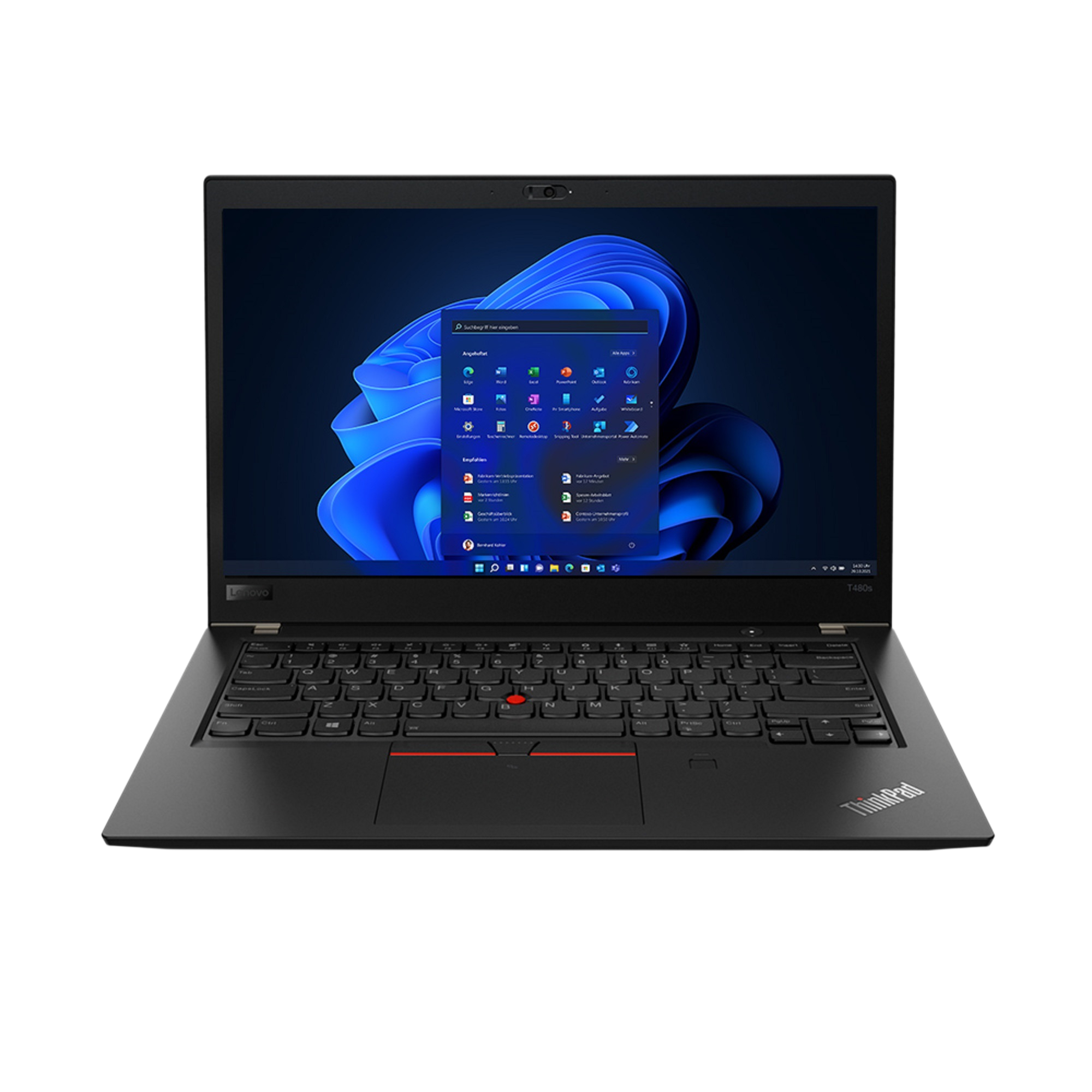 Schwarzes Lenovo ThinkPad Laptop auf schwarzem Hintergrund. Windows 11-Oberfläche. Tastatur sichtbar.