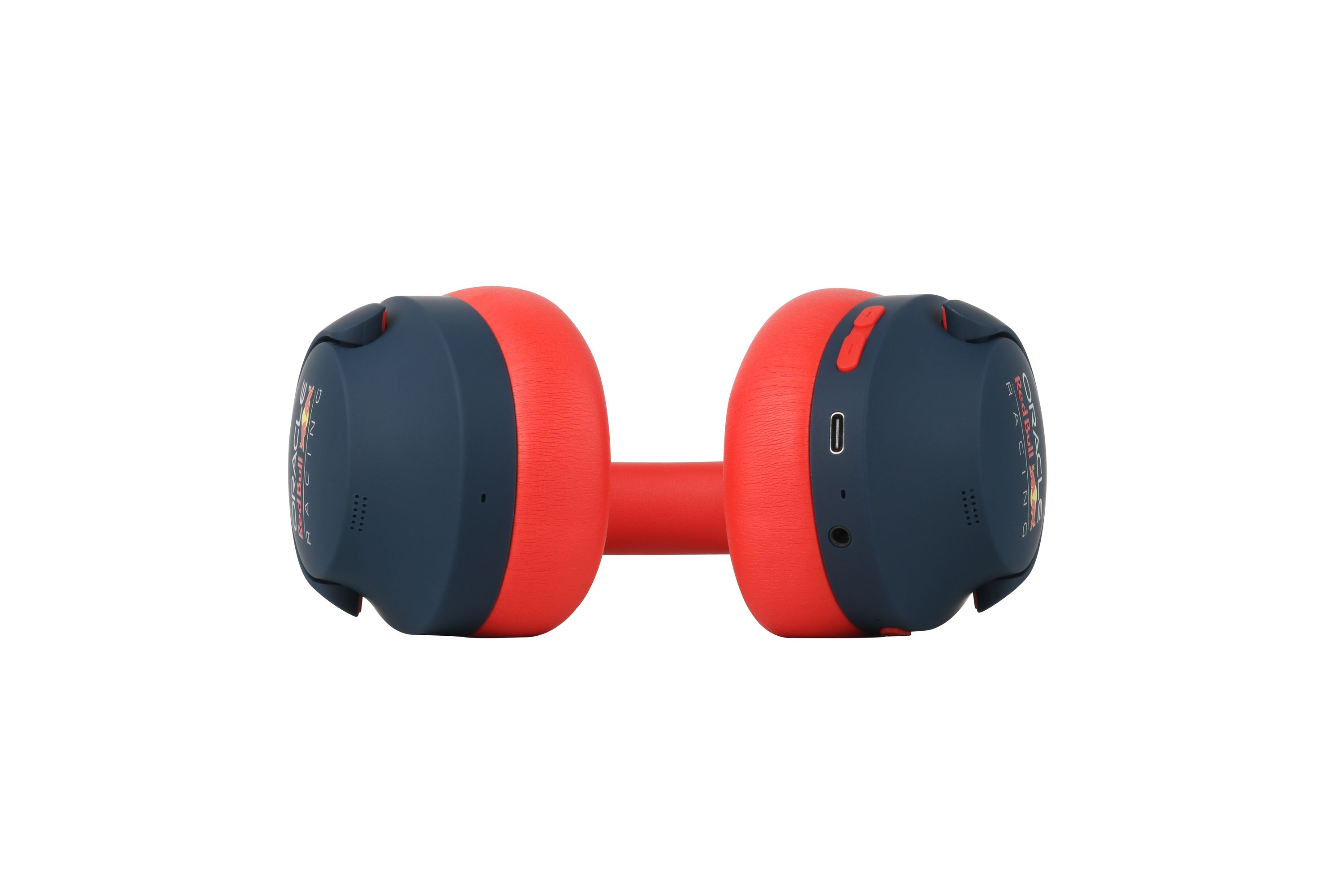 Cuffie rosse e blu. I cuscinetti sono rossi, le coppe blu e la fascia di collegamento rossa.