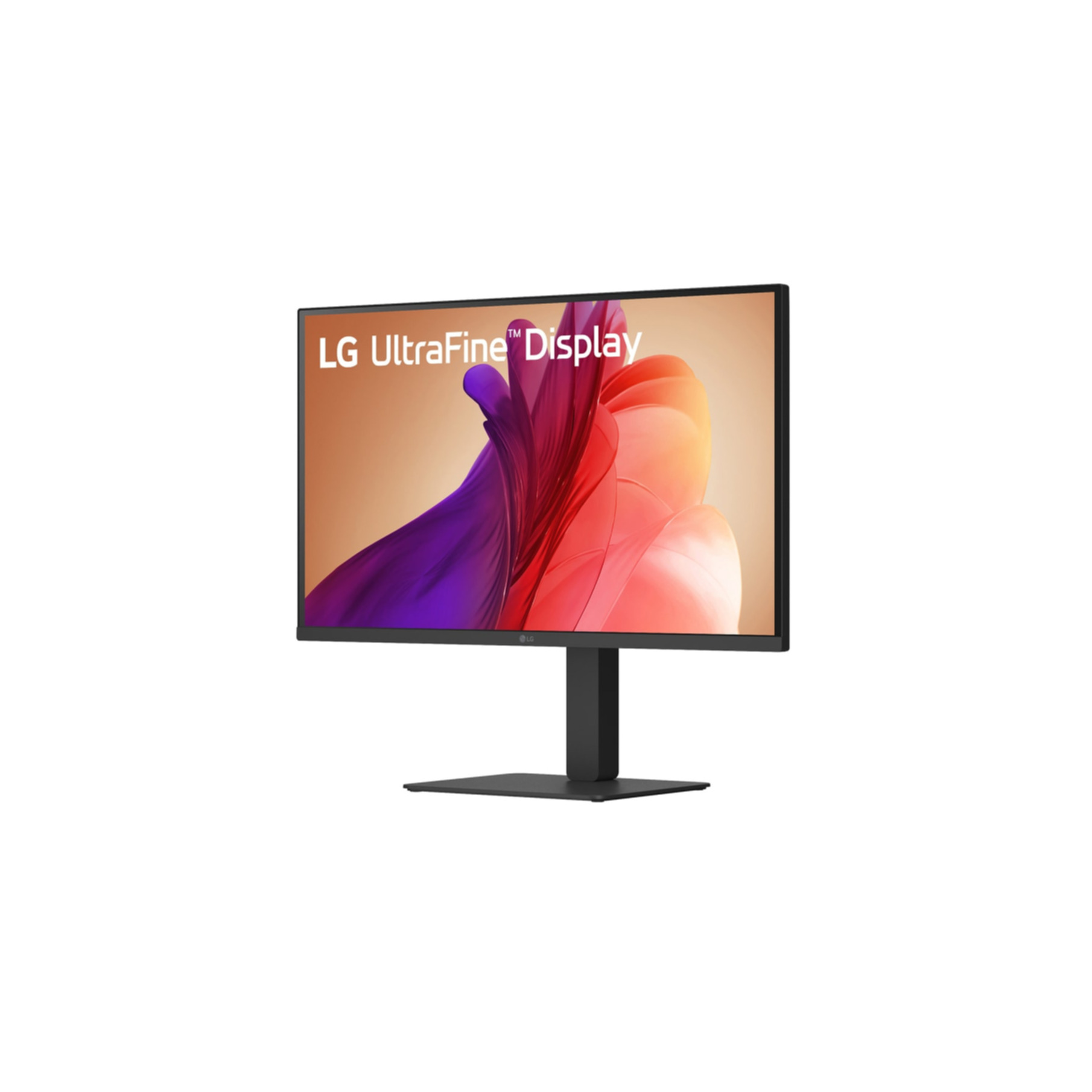 Monitor LG UltraFine Display. Ekran wyświetla kolorowy, abstrakcyjny wzór. Ma czarną podstawę.