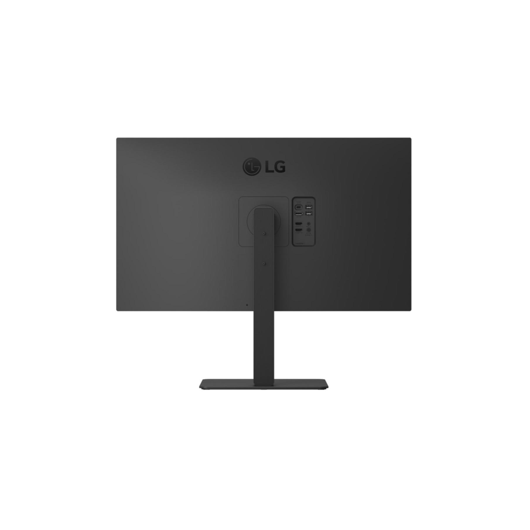Widok z tyłu czarnego monitora LG ze stojakiem. Posiada logo LG, porty i centralną podporę.