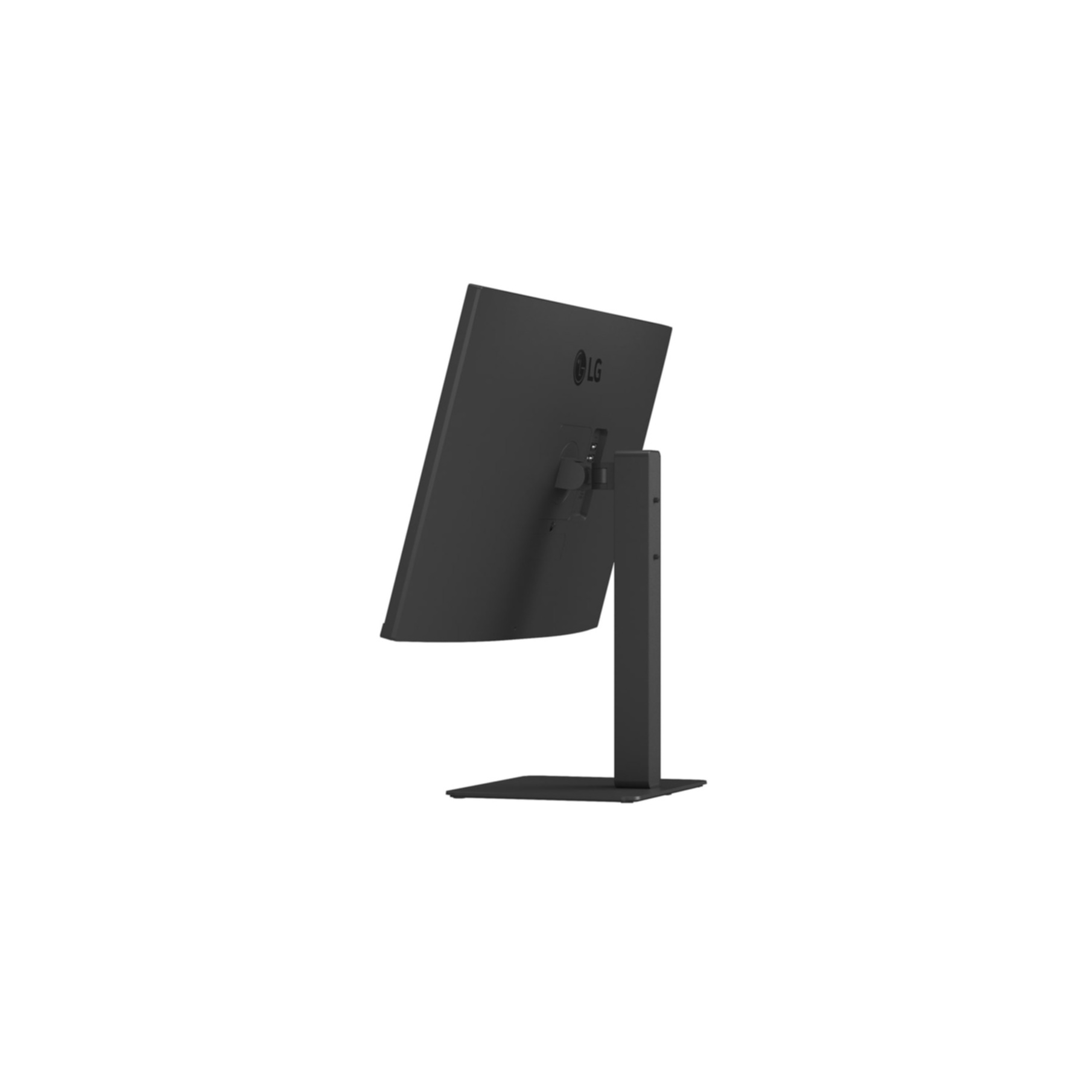 Czarny monitor LG jest pochylony. Ma podstawę i kwadratową podstawę. Tło jest białe.