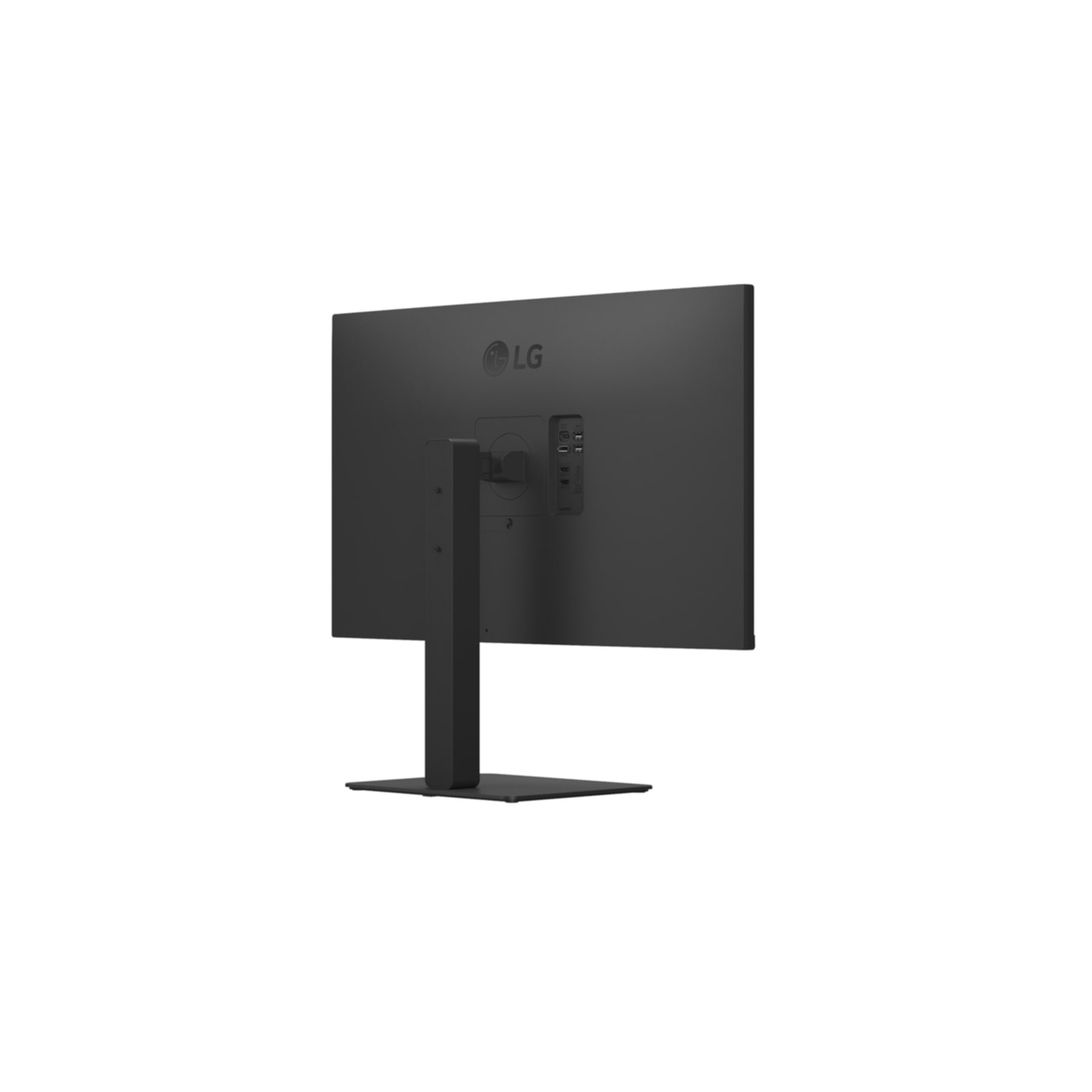 Widok z tyłu czarnego monitora LG ze stojakiem. Widoczne logo LG. Monitor na białym tle.