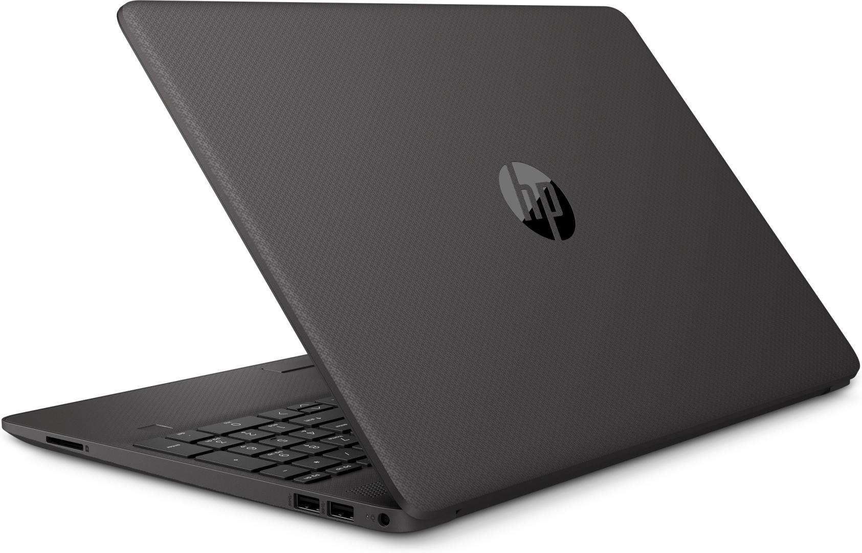 Ein dunkelgrauer HP-Laptop, geöffnet, mit sichtbarer Tastatur. Der Deckel zeigt das HP-Logo.