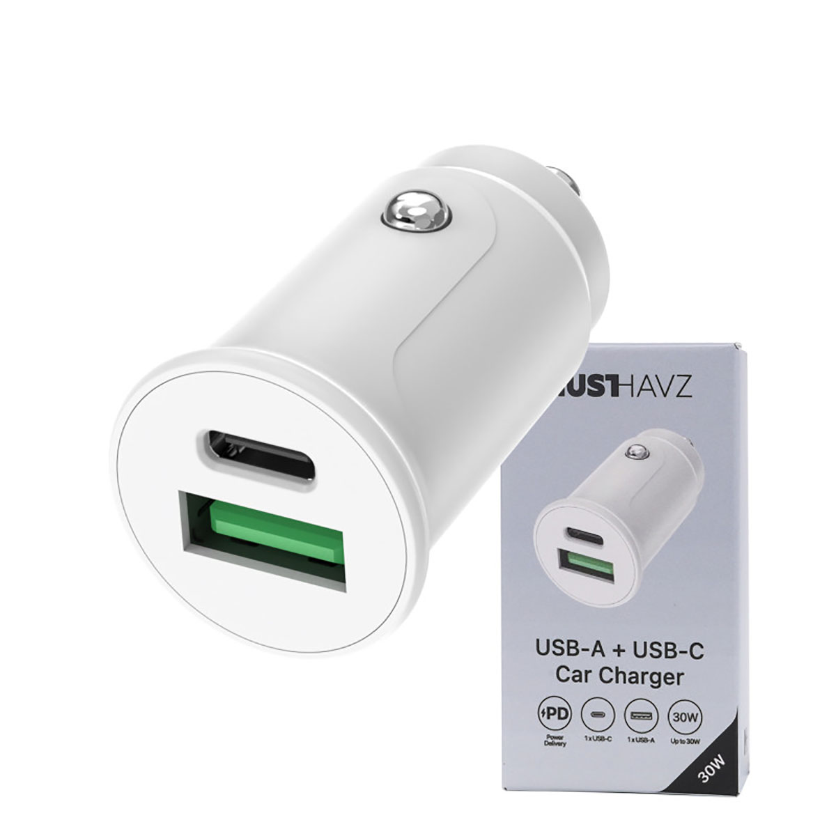 Ein weißes Autoladegerät mit USB-A- und USB-C-Anschlüssen und eine Schachtel daneben. Das Ladegerät ist mit 'USB-A + USB-C Car Charger' beschriftet.