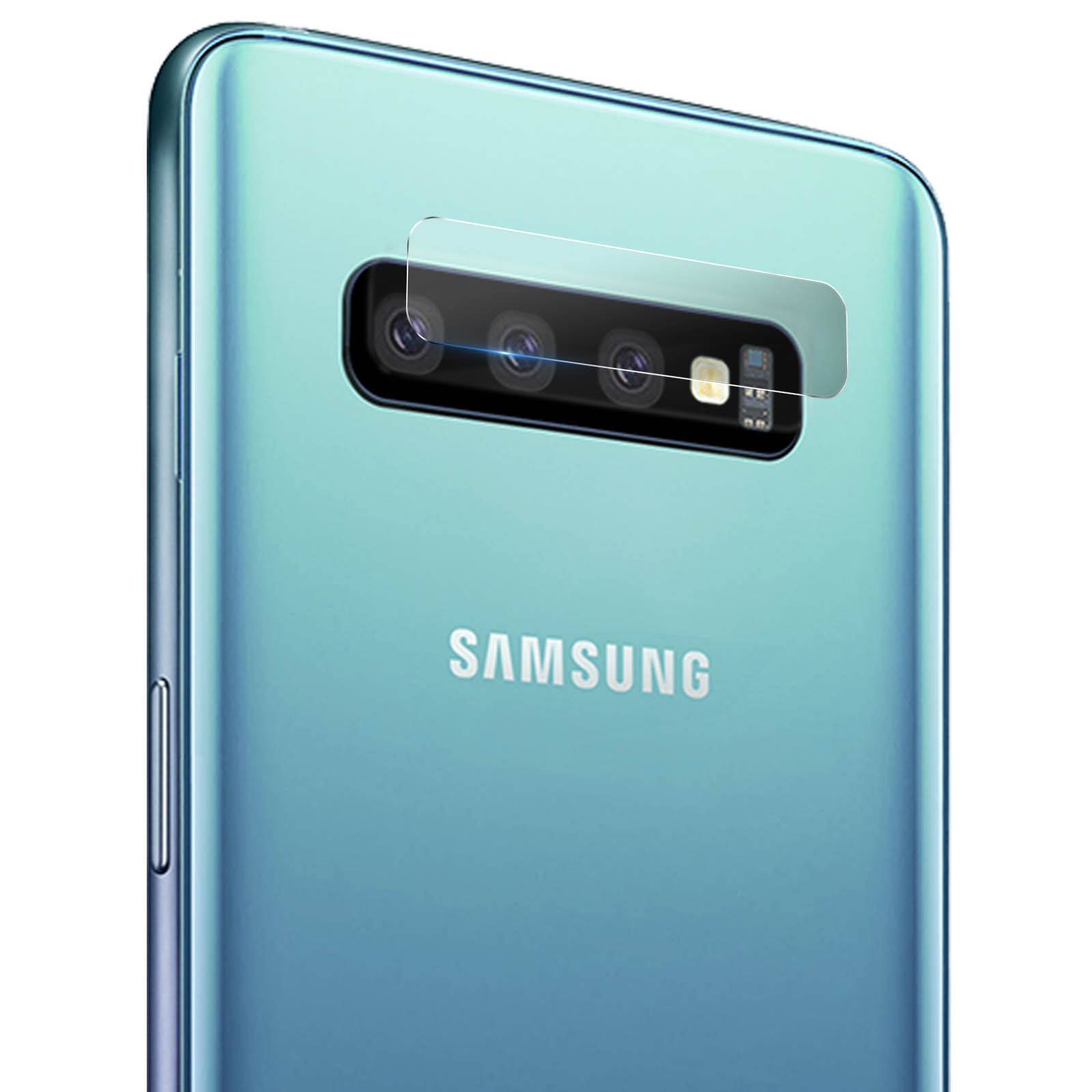 Retro di uno smartphone turchese con lenti della fotocamera e logo Samsung. Proteggi schermo.