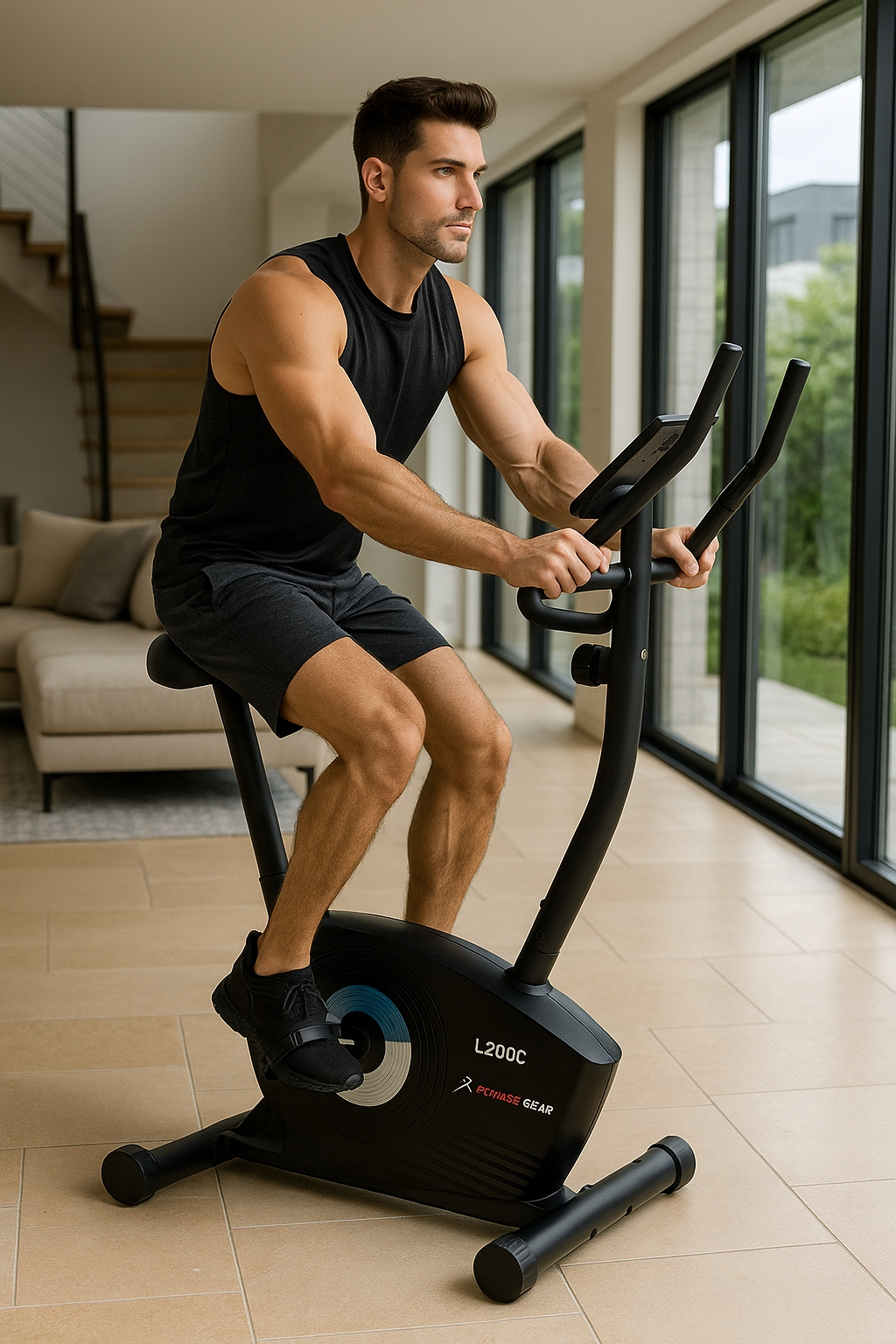 Mężczyzna w czarnym stroju sportowym ćwiczy na rowerze stacjonarnym. Jest w pomieszczeniu, z kanapą i dużymi oknami w tle.
