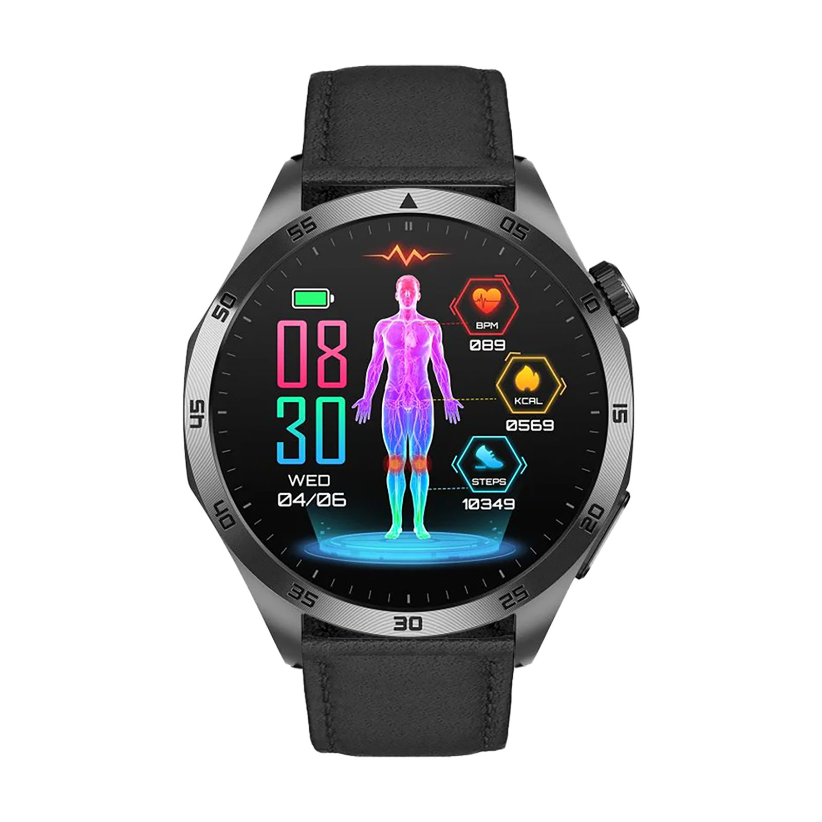 Eine Smartwatch zeigt Gesundheitsdaten an: Zeit, Herzfrequenz, Schritte und Kalorien. Sie hat ein schwarzes Armband und ein digitales Display.