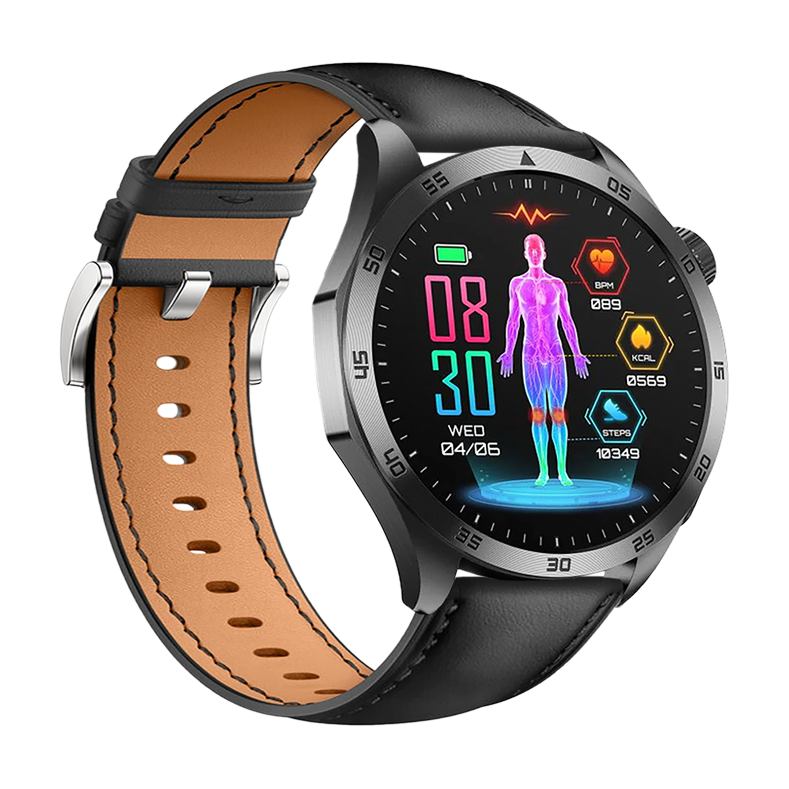 Eine Smartwatch mit schwarzem Lederarmband. Das Zifferblatt zeigt Gesundheitsmetriken und das Datum.