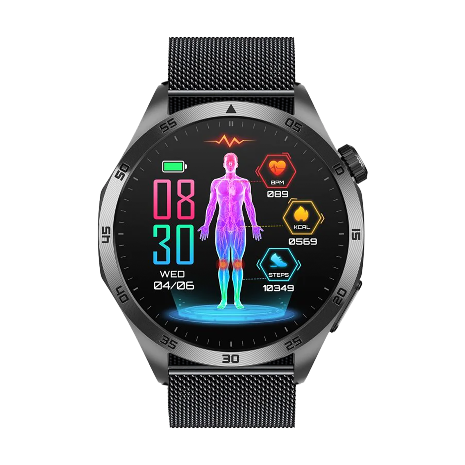 Eine Smartwatch zeigt Gesundheitsmetriken an: Uhrzeit, Datum, Herzfrequenz, Kalorien und Schritte. Die Uhr ist silberfarben mit schwarzem Mesh-Armband.