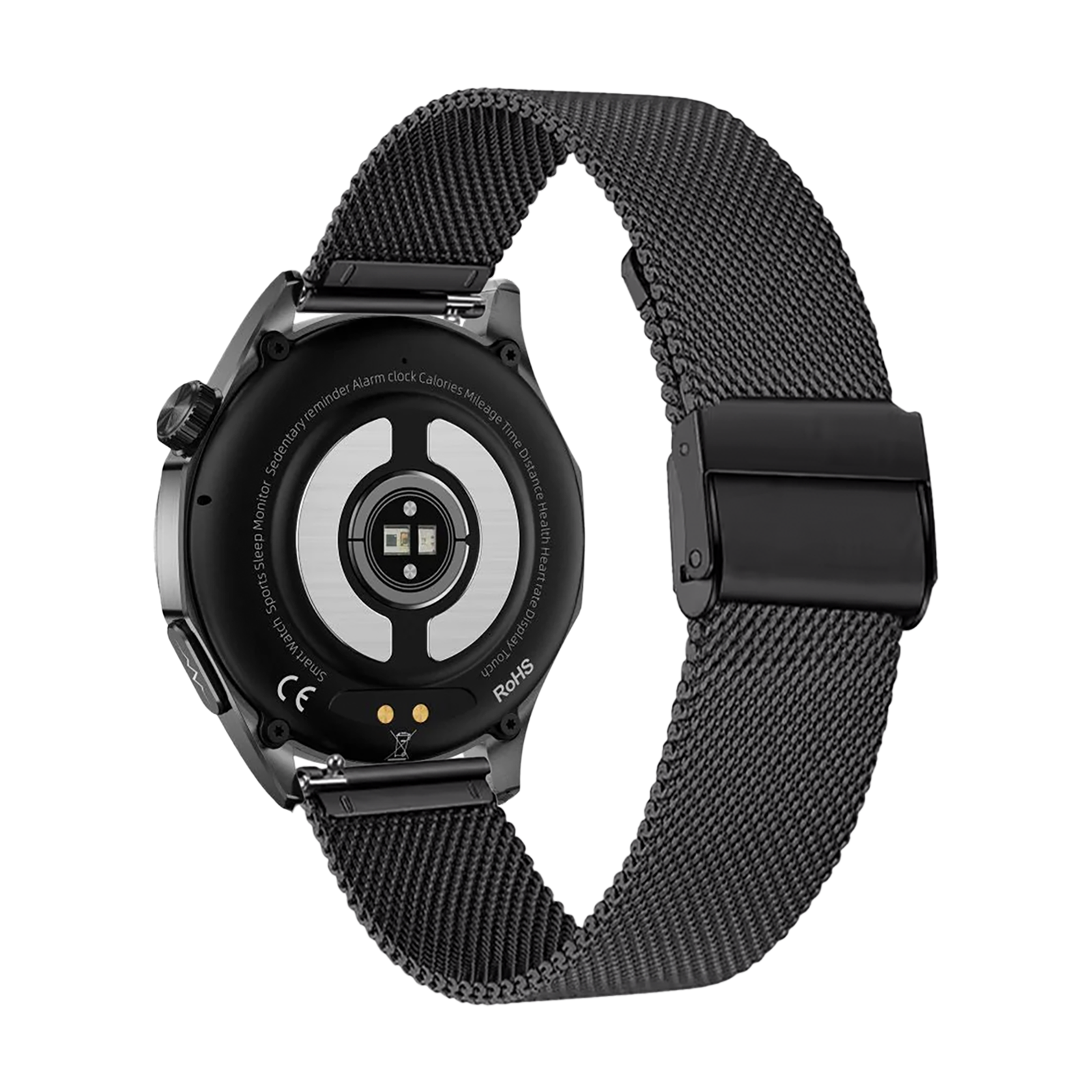 Schwarze Smartwatch mit Mesh-Armband, zeigt die Rückseite. Zu den Funktionen gehören Herzfrequenzmesser und Touch-Display.
